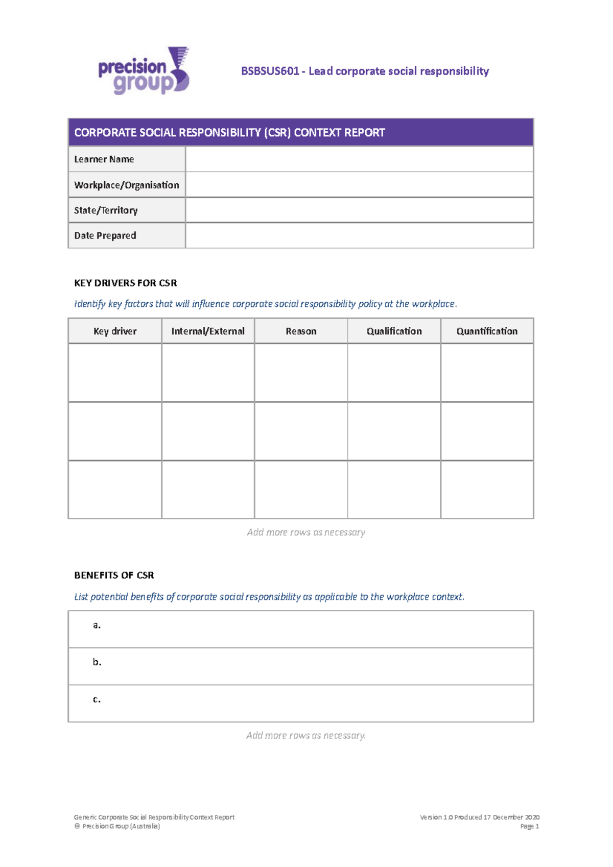 BSBSUS601 Corporate Social Responsibility Context Report Template - Studocu