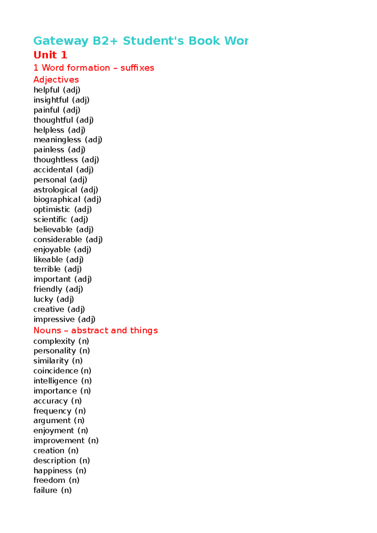 Gateway B2+ Student's Book Wordlist: Key Vocabulary & Concepts - Studocu