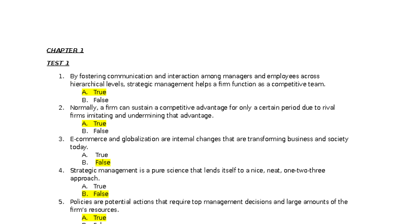 MGT035 CHAPTER 1 & 2 TEST QUESTIONS - Strategic Management - Studocu
