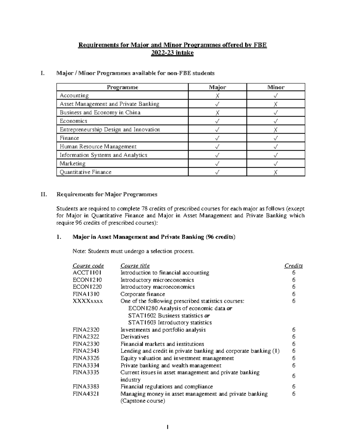 Major and Minor Programmes Requirements 2022-23 (FBE) - Studocu