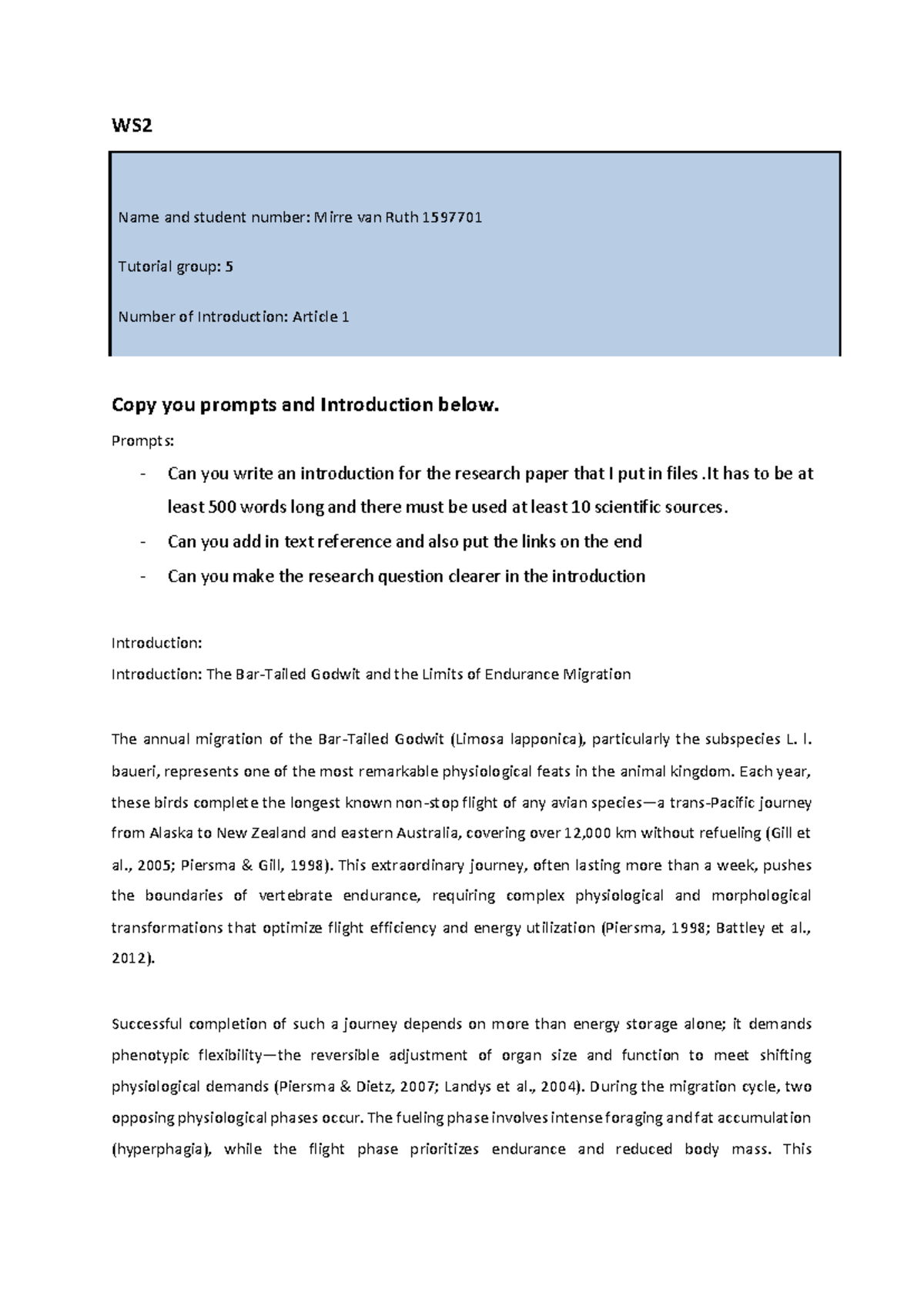 WS2 Research Paper Introduction: Godwit Migration and Physiological ...