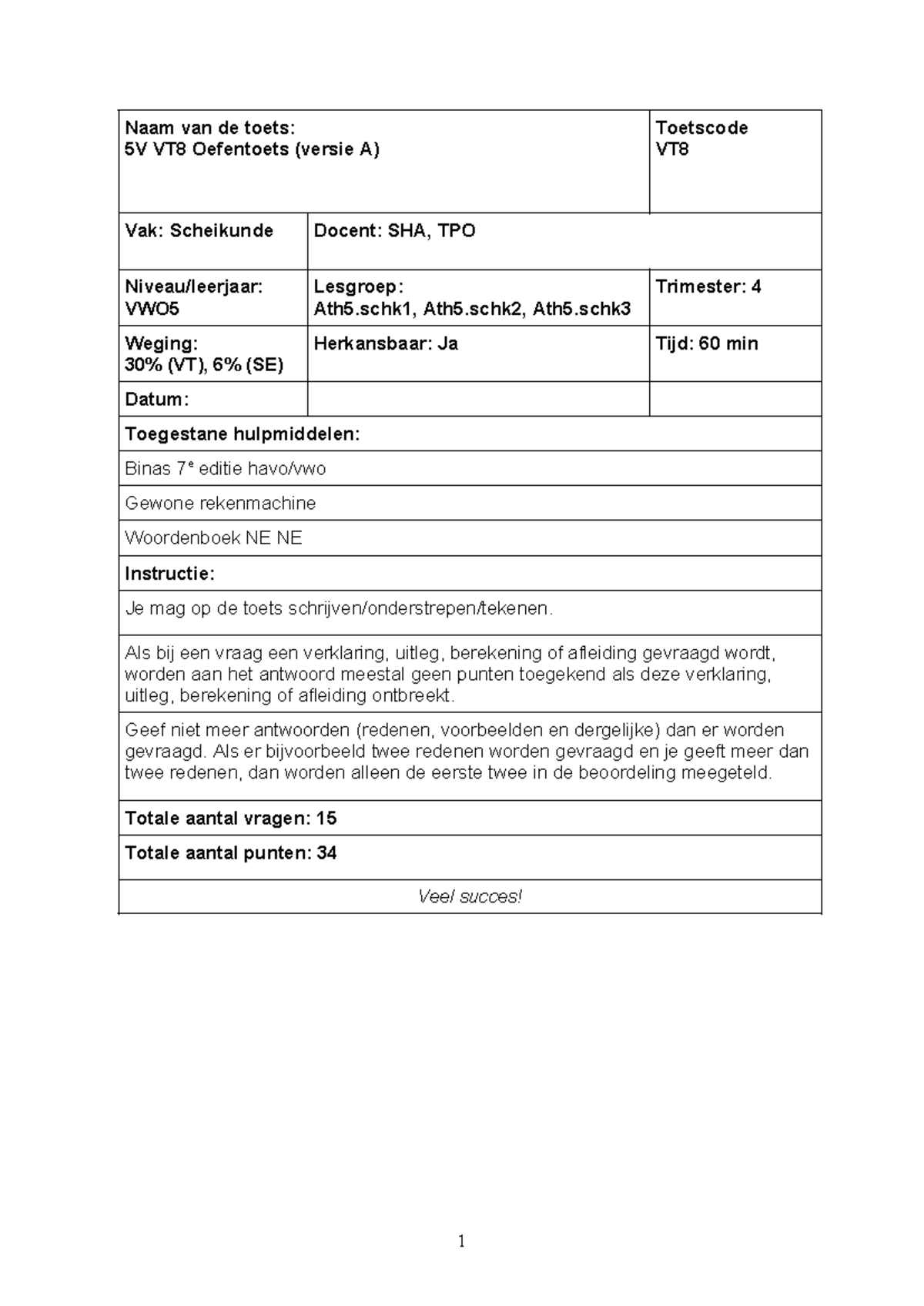 VT8 5vwo-H9-H10 Redox Oefentoets Versie A - Scheikunde Examens ...