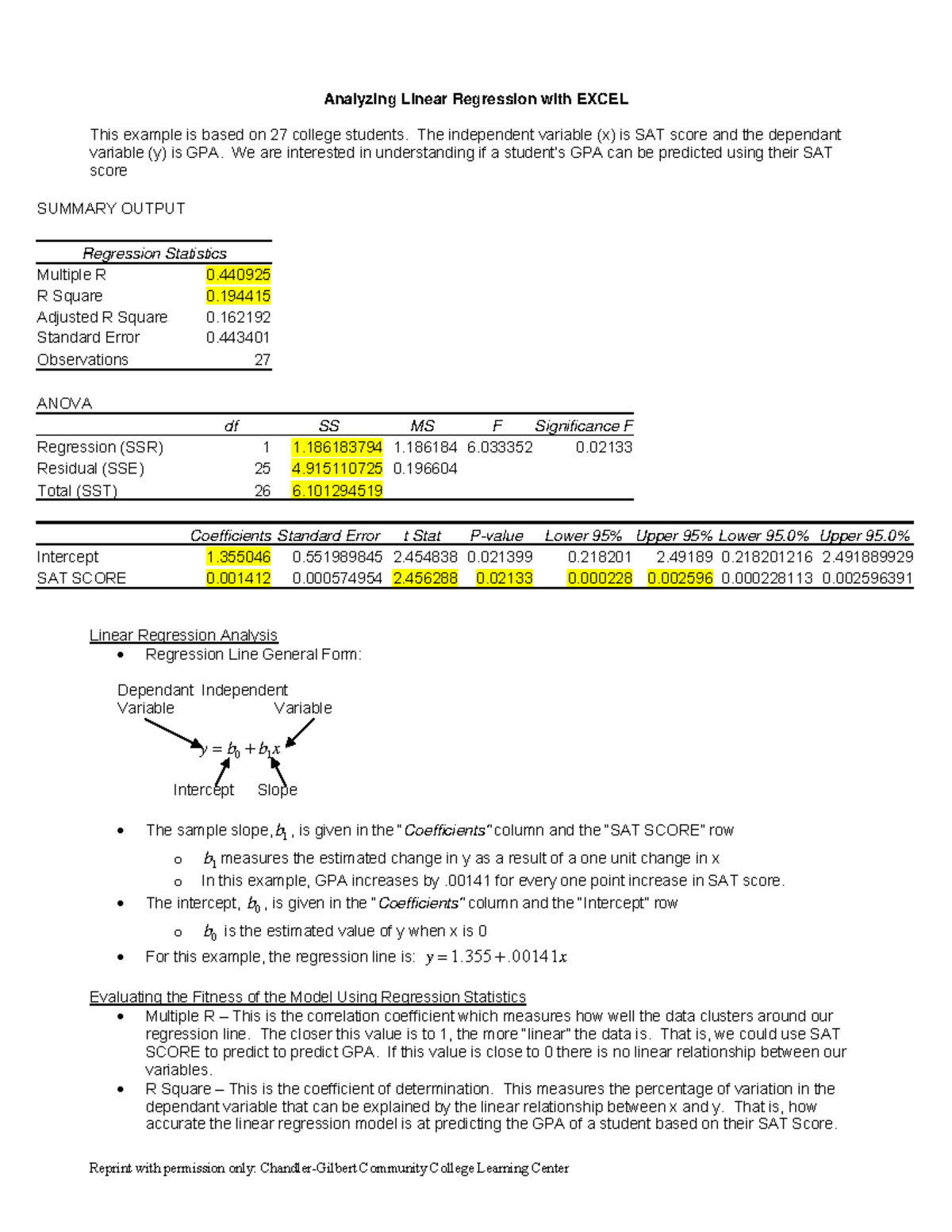 Analyzing Linear Regression-in excel - Analyzing Linear Regression with ...