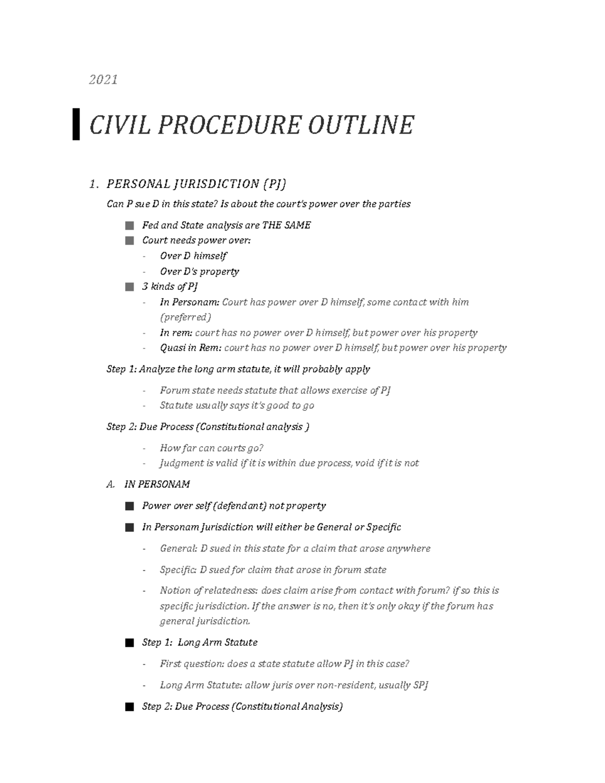 Civil Procedure Outline Overview for Law Students - 2021 - Studocu