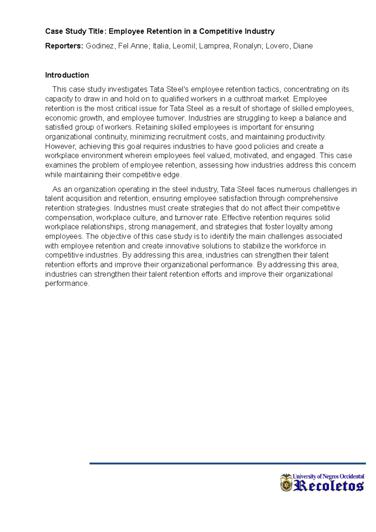 Case Study: Employee Retention Strategies at Tata Steel (CASE 5) - Studocu