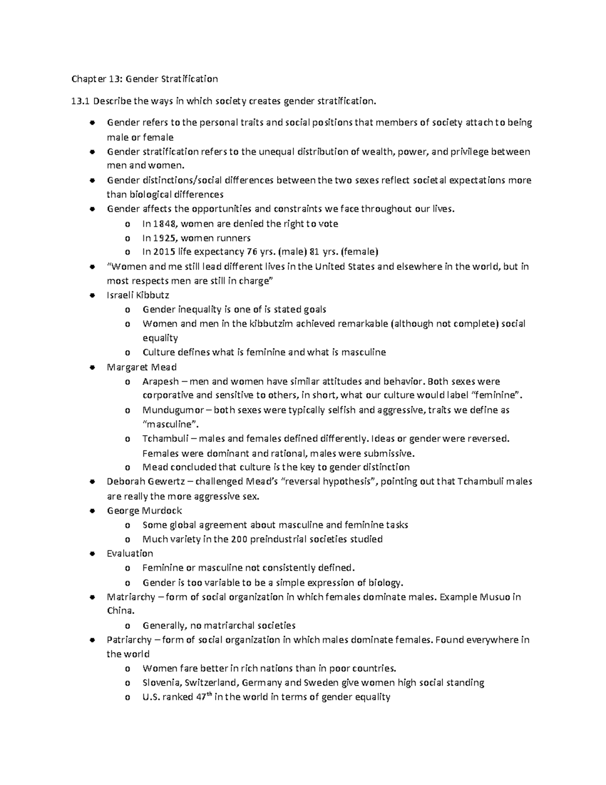 Sociology 101 - Lecture Notes on Chapter 13: Gender Stratification ...