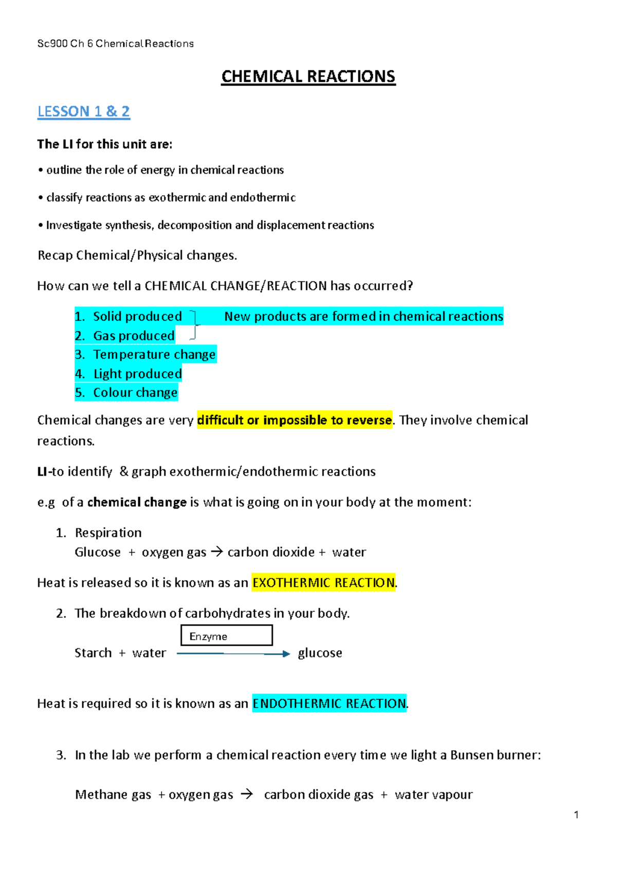 Sc900 Ch 6 Chemical Reactions Lesson Notes - Studocu