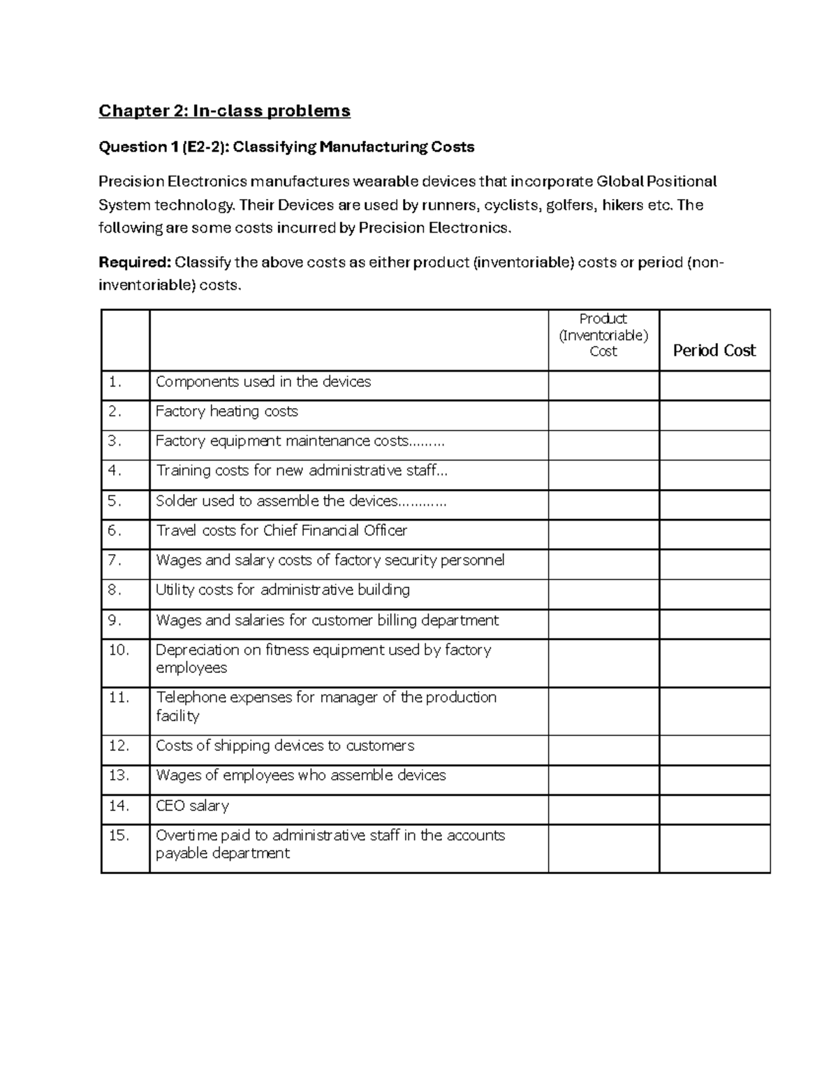Chapter 2: In-Class Problems on Cost Classification and Analysis - Studocu