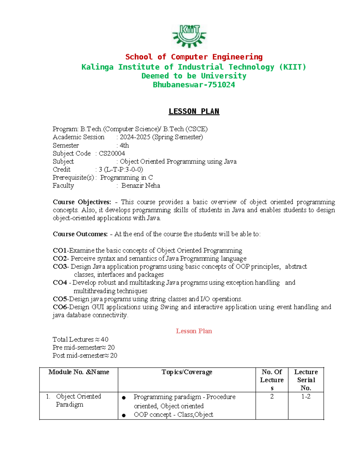 OOP-Java Theory Lesson Plan for CS Course - Sem 4, Acad Year 2024-2025 ...