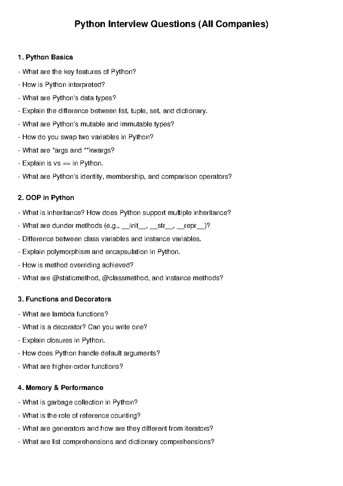 Python Interview Questions (All Companies) - Comprehensive Guide - Studocu
