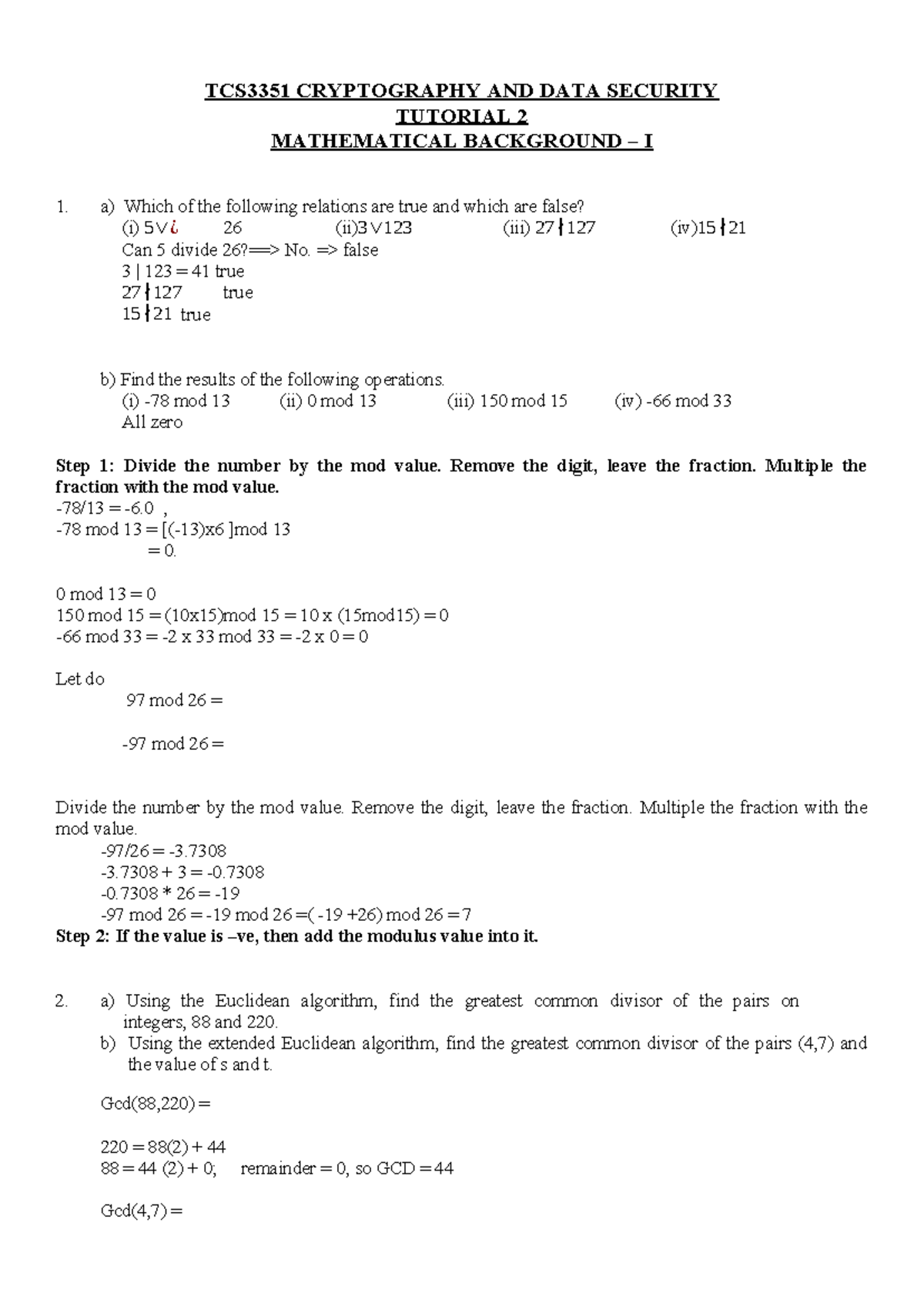 TCS3351 Cryptography & Data Security Tutorial 2 Solutions - Studocu