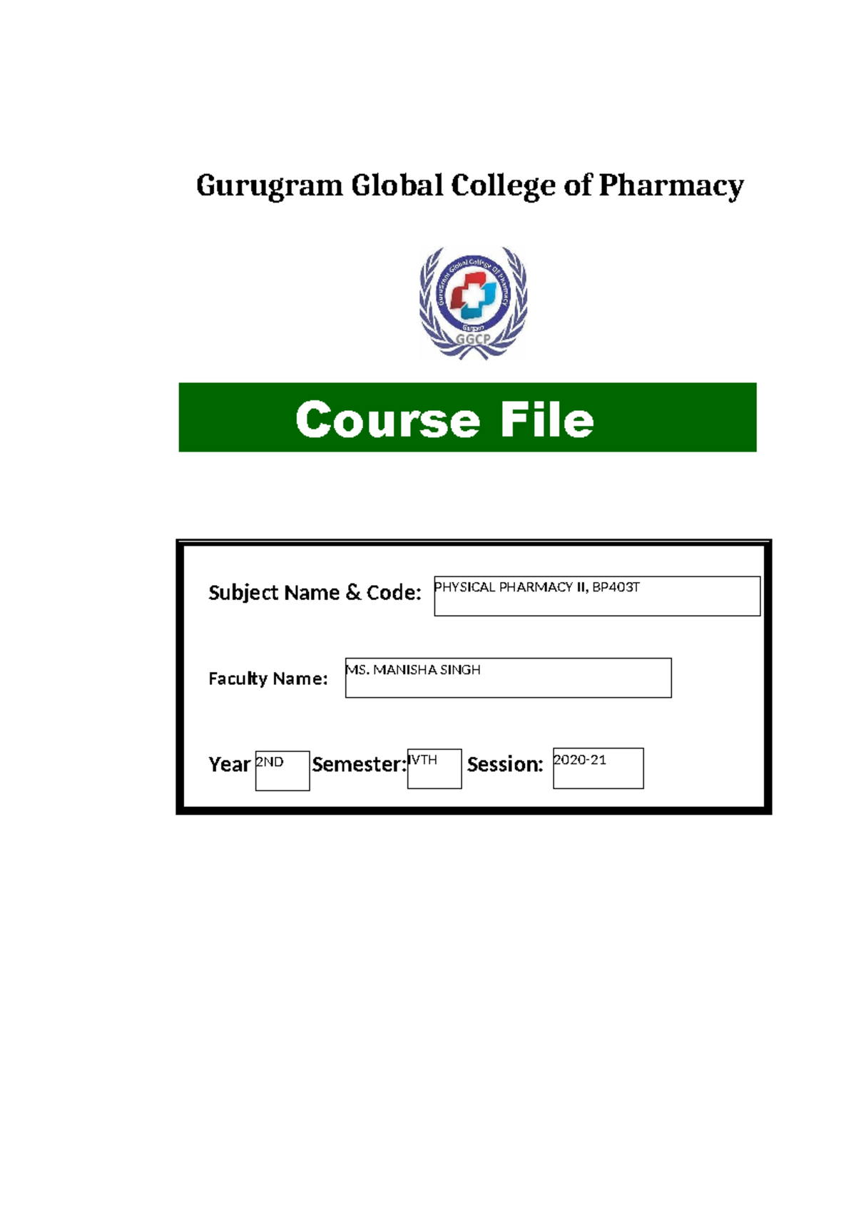 Course File for Physical Pharmacy II (BP403T) - 2020-21 Overview - Studocu