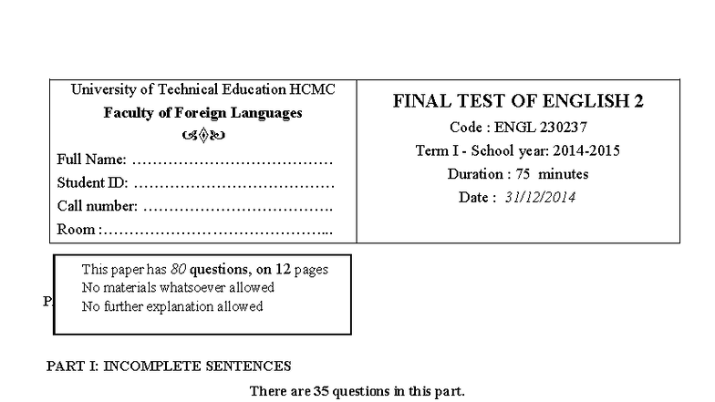 Final Test of English 2 (ENGL 230237) - Term I Exam Questions - Studocu