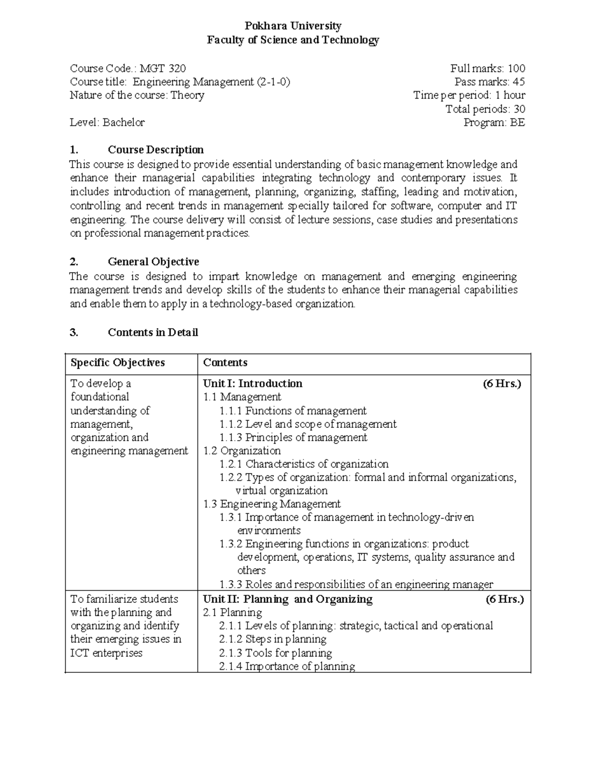 MGT 320 Engineering Management Syllabus - Pokhara University - Studocu