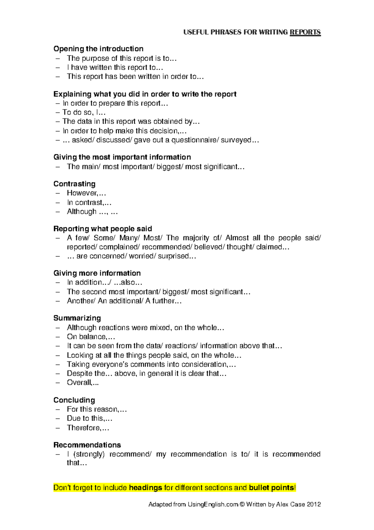Writing Reports HOC 2013: Useful Phrases and Guidelines - Studocu