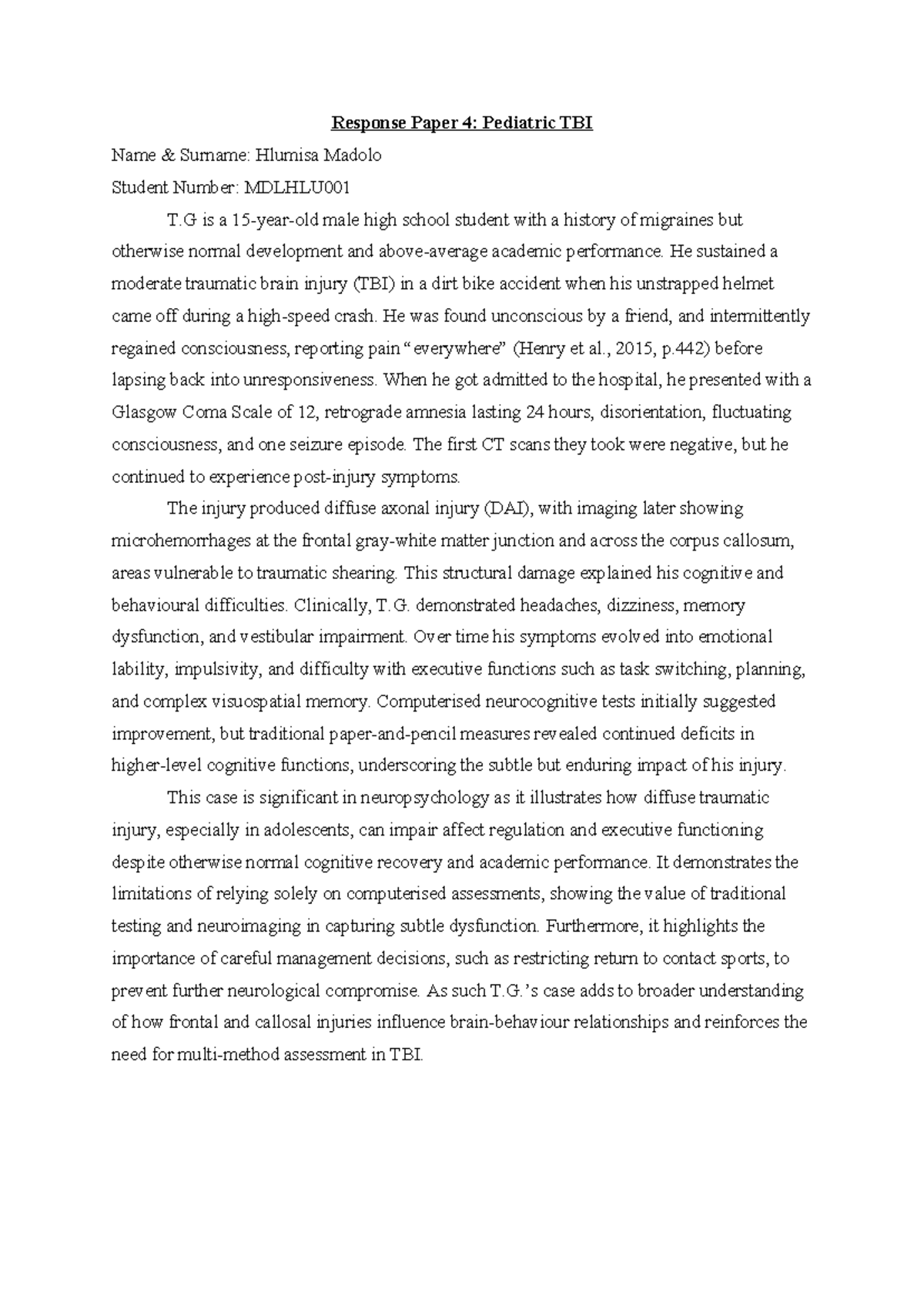 Response Paper 4: Pediatric TBI Case Study Analysis - Studocu