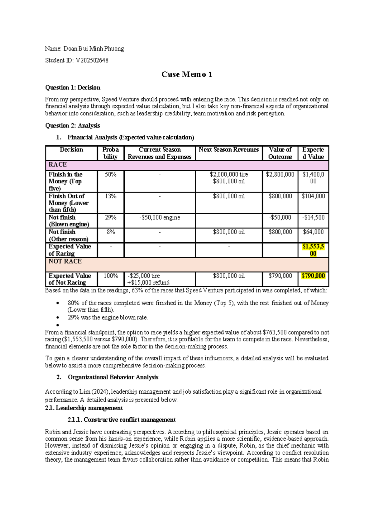 Case Memo 1: Decision Analysis for Speed Ventures - Studocu