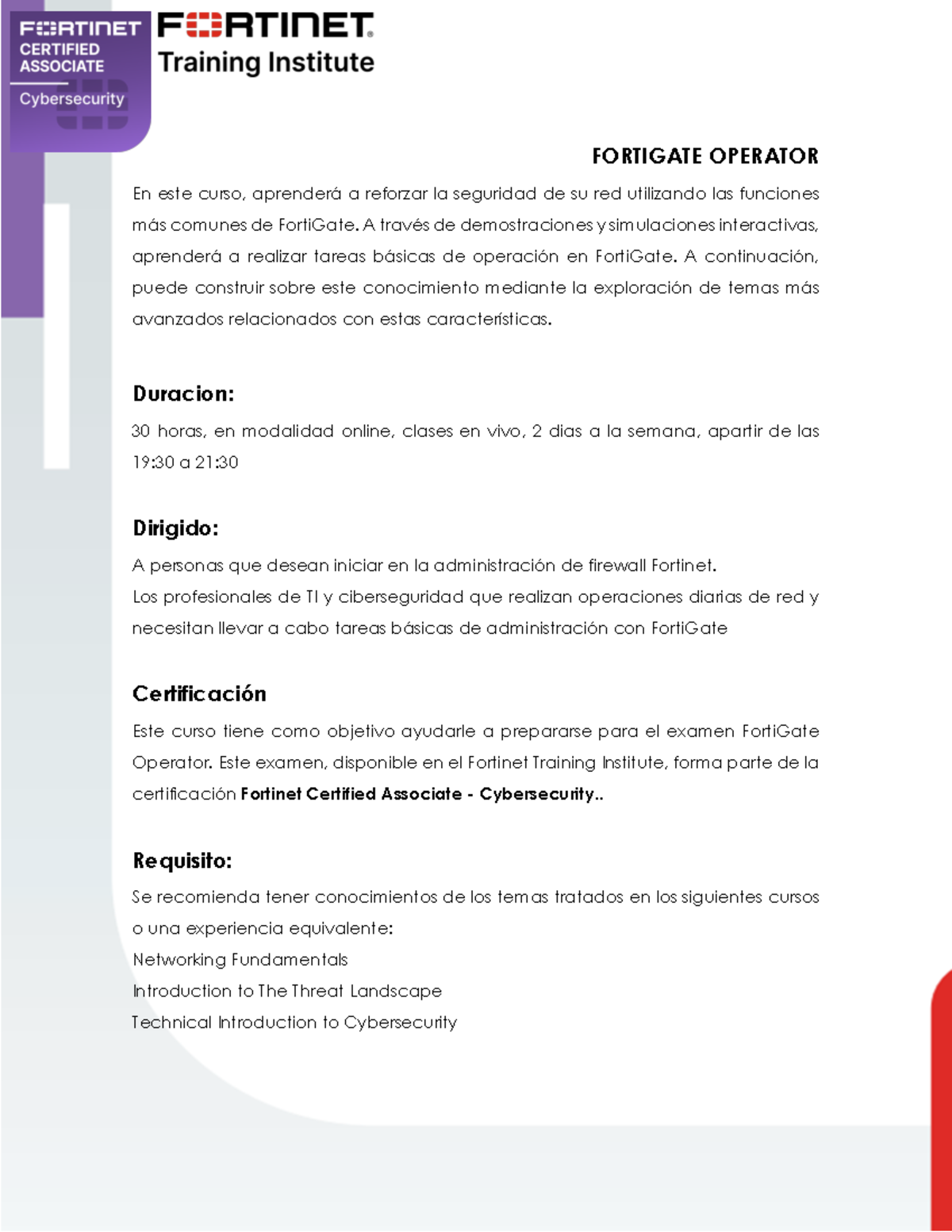 Fortinet Certified Associate - Course on FortiGate Operator 30hrs - Studocu