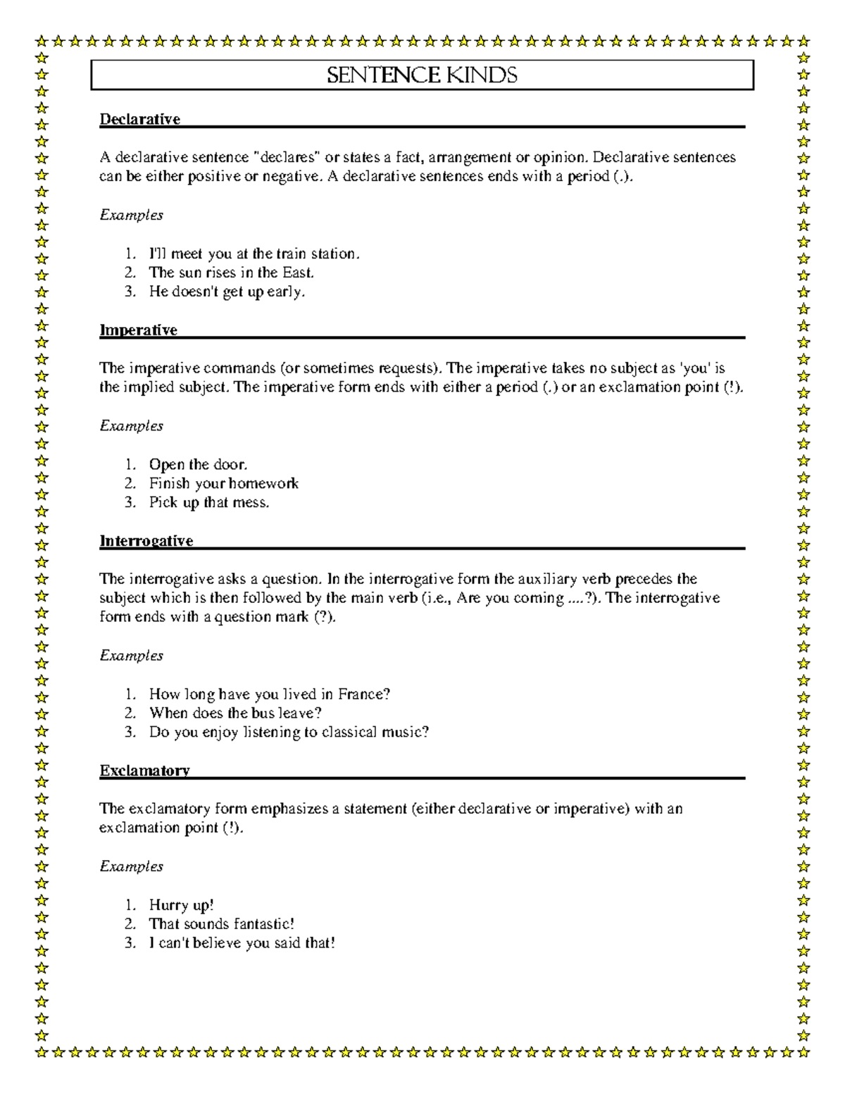 Types of Sentences: Declarative, Imperative, Interrogative, Exclamatory ...