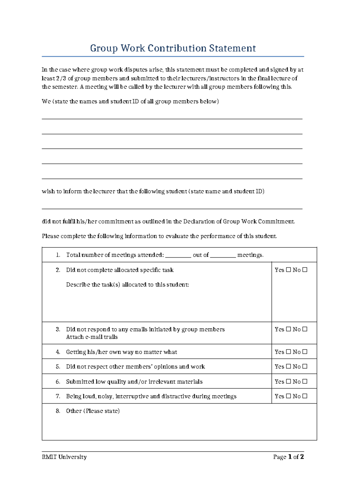 Group Work Contribution Statement - RMIT University - Studocu