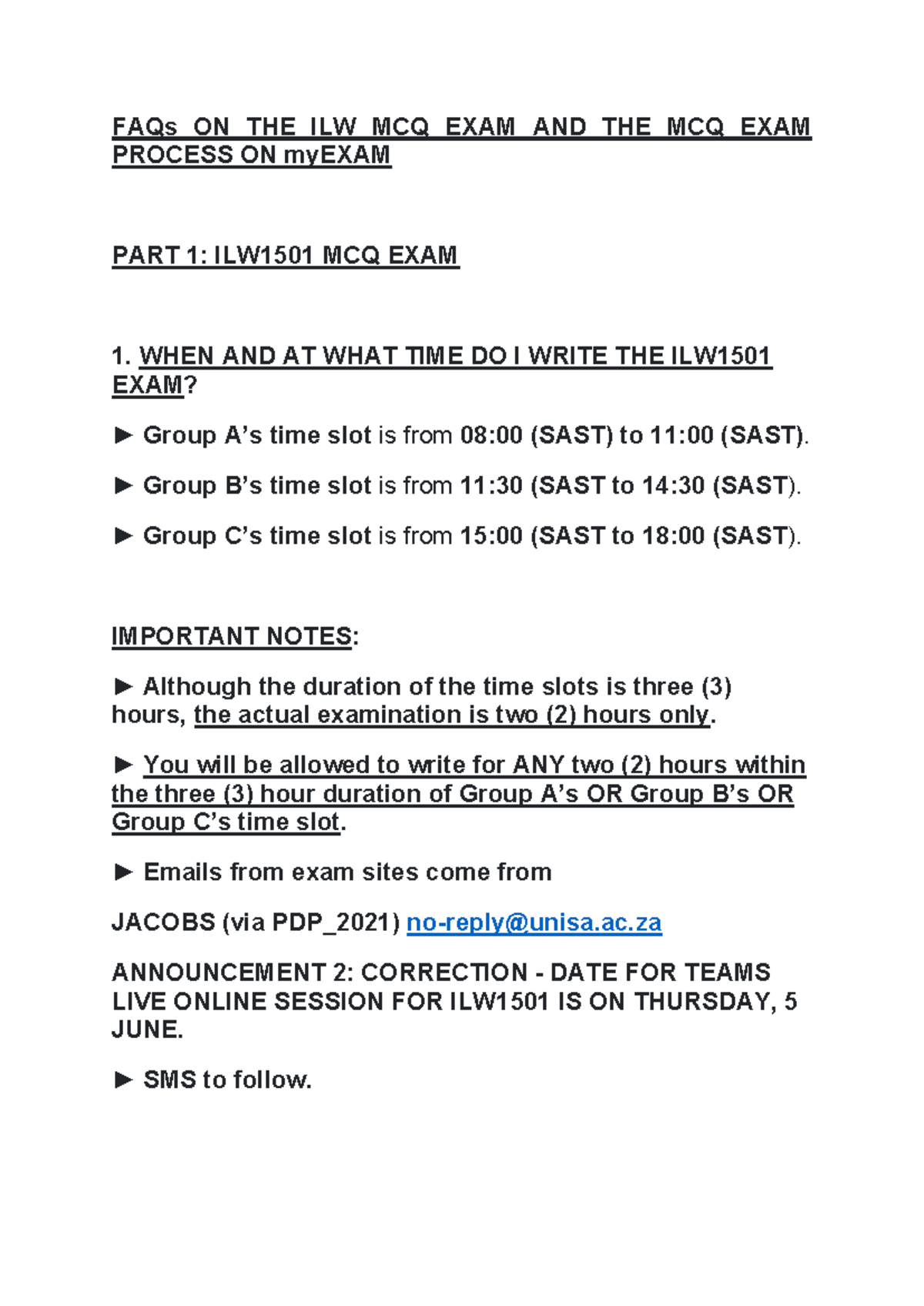 FAQs on ILW1501 MCQ Exam Process - Session 2-25 Guide - Studocu