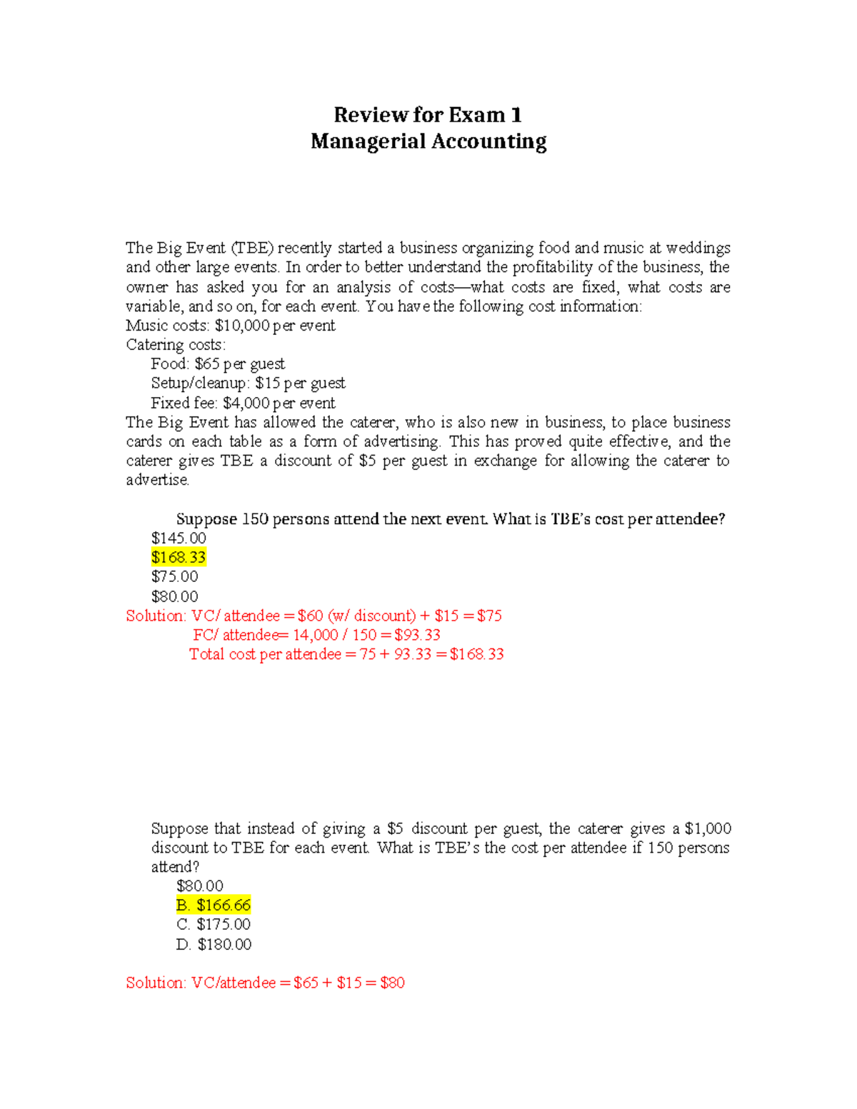 Managerial Accounting Exam 1 Review Solutions Guide - Studocu