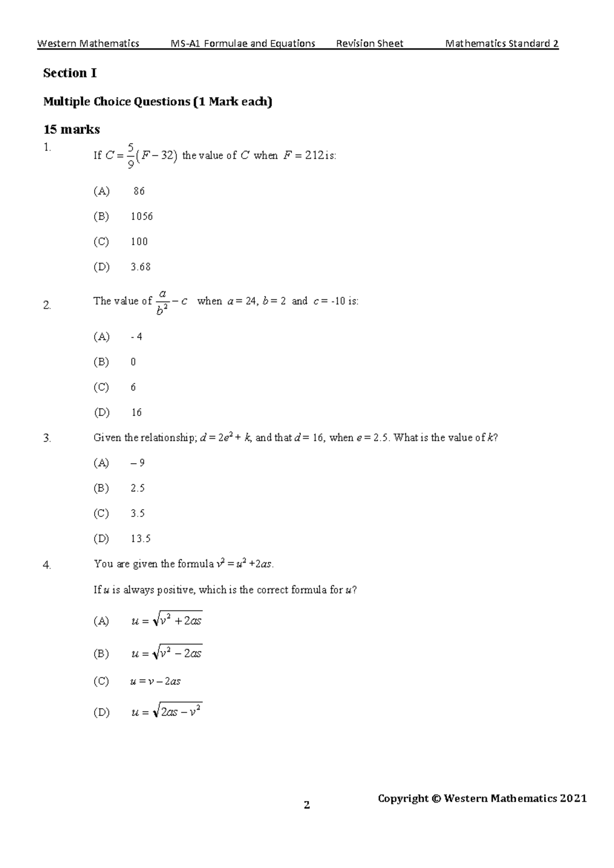 MS-A1 Formulae and Equations Topic Test - Copyright © Western ...