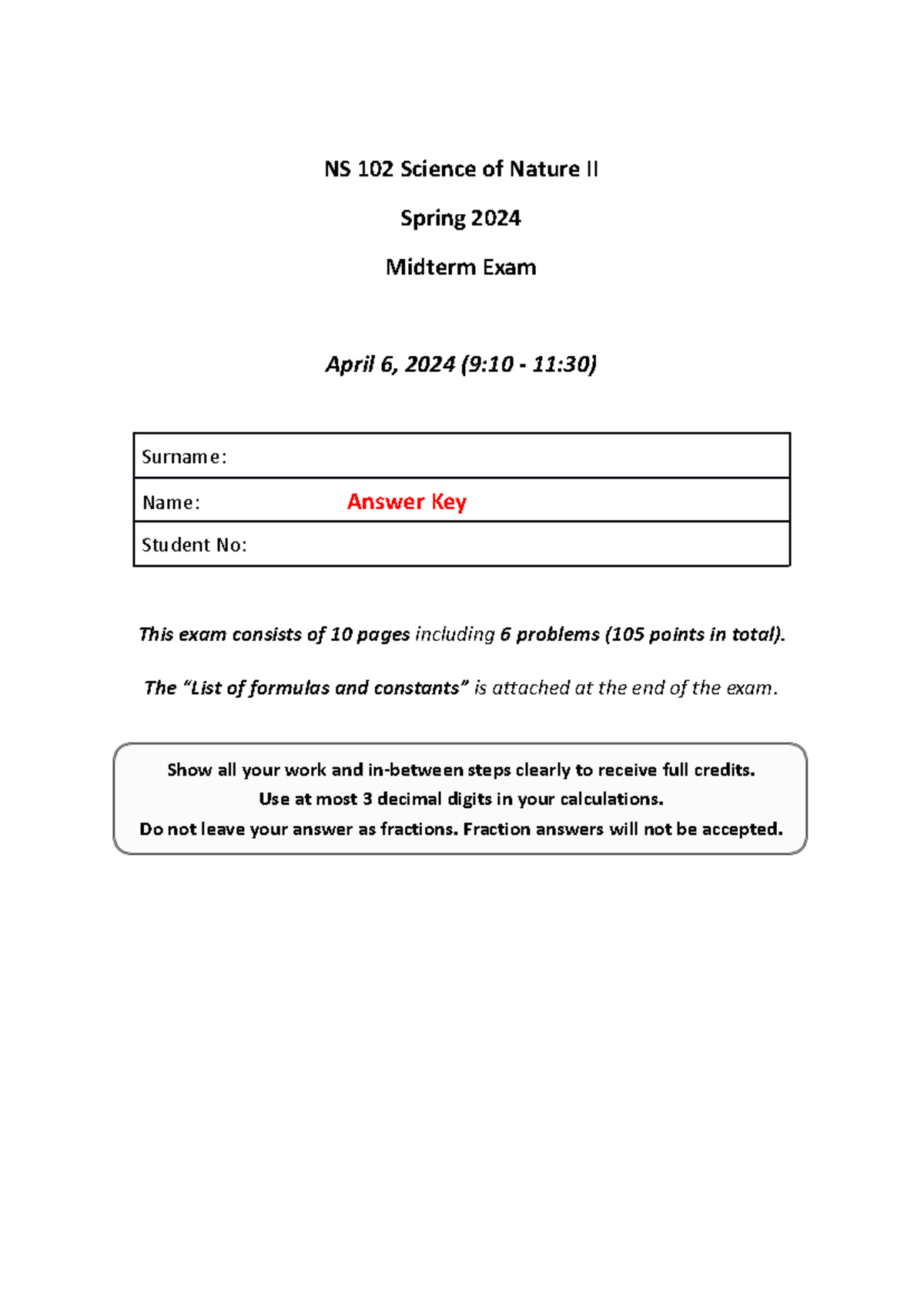 NS102 Midterm Spring 2024-Answer Key - NS 102 Science of Nature II ...