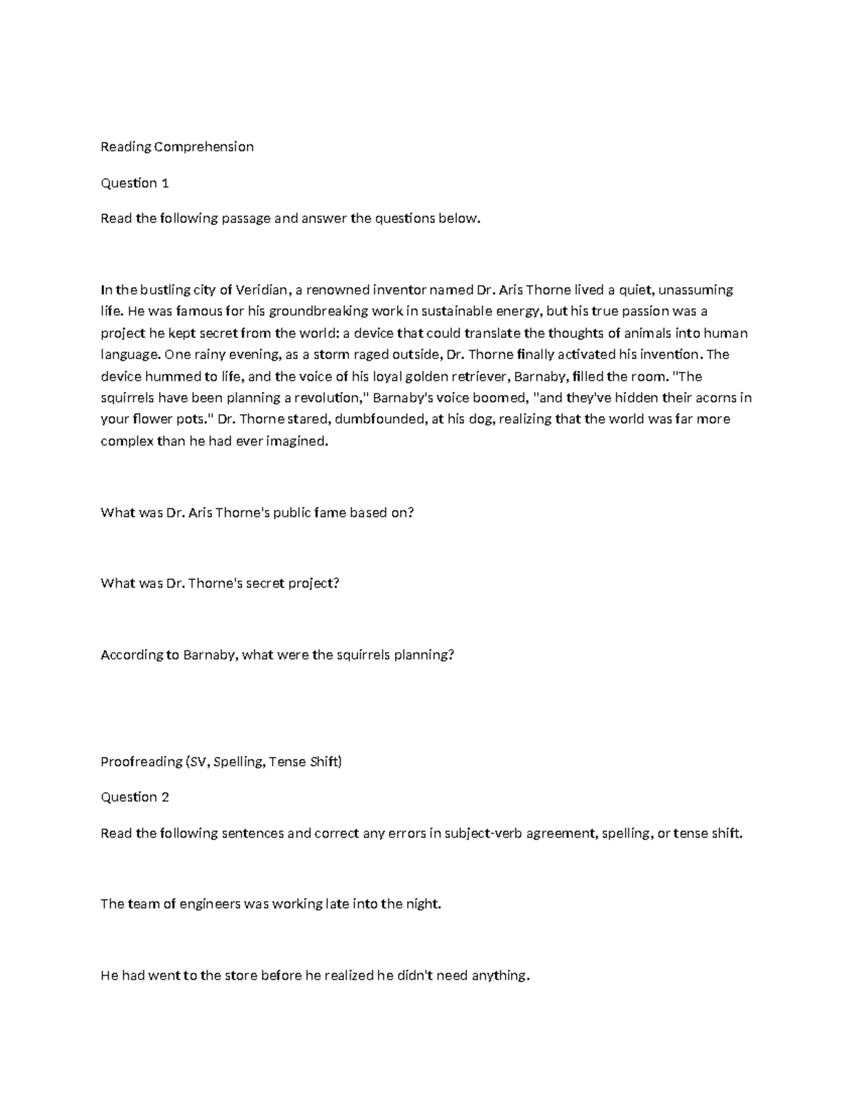 Reading Comprehension & Proofreading Exercises (ENG 101) - Studocu