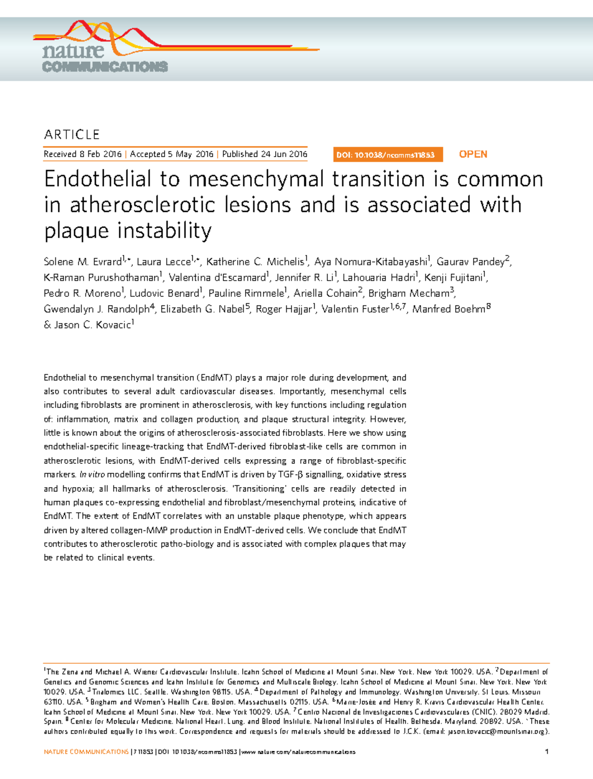 Endothelial to Mesenchymal Transition in Atherosclerosis: Implications ...
