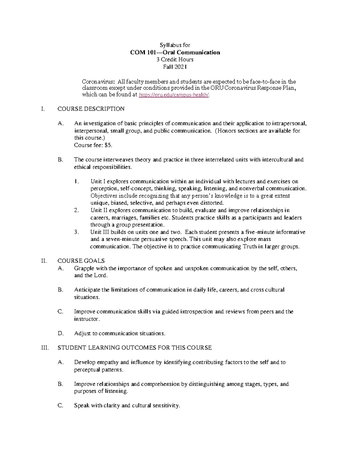 COM 101-Fall 2021 - Oral Communication Syllabus & Course Overview - Studocu