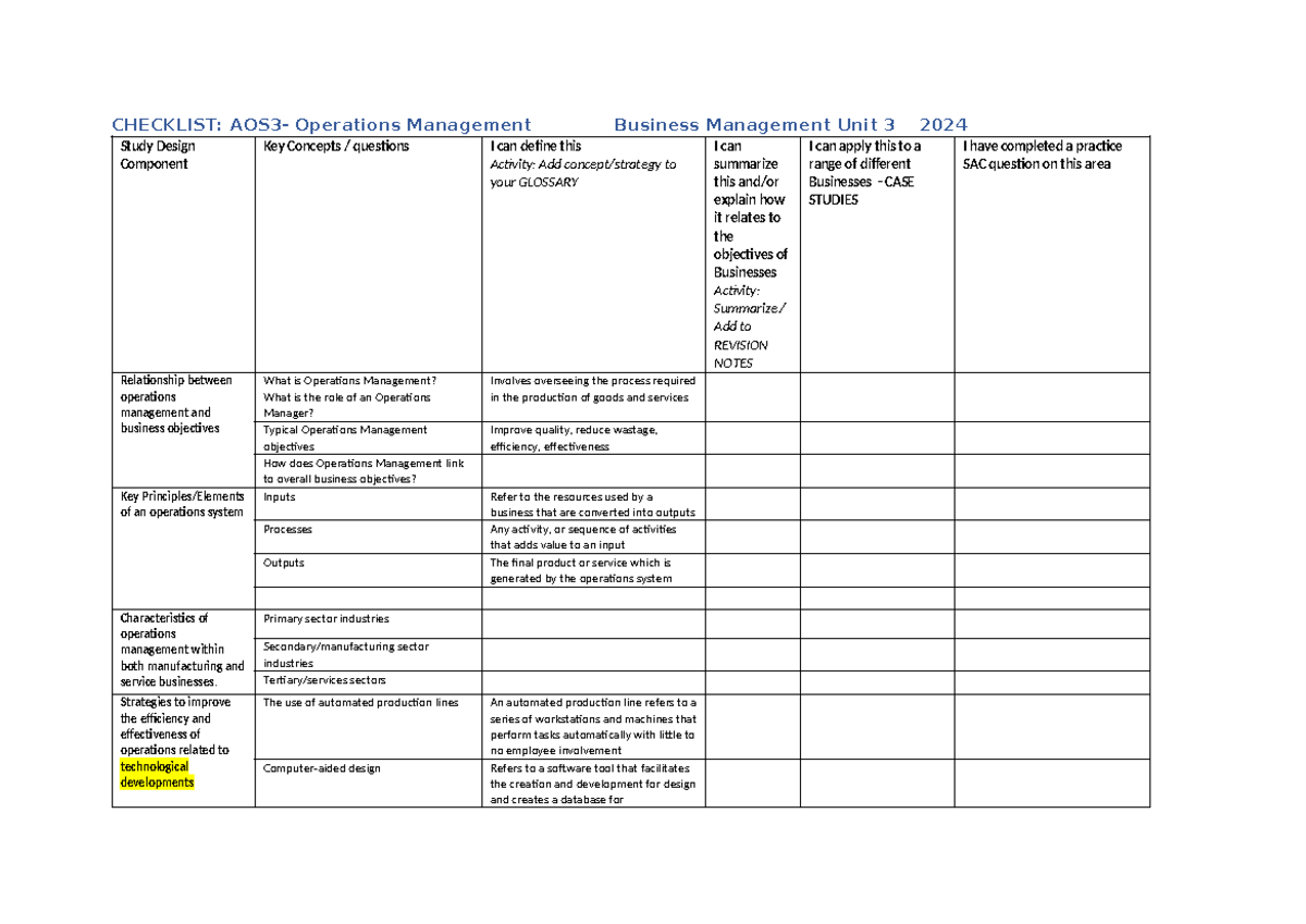 Checklist: Operations Management AOS3 Key Concepts & Strategies - Studocu