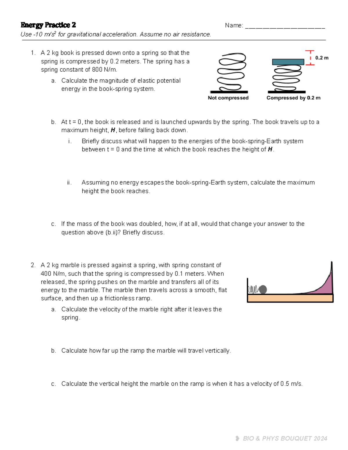 Energy Practice: Gravitational Acceleration & Spring Dynamics (BIO PHYS ...