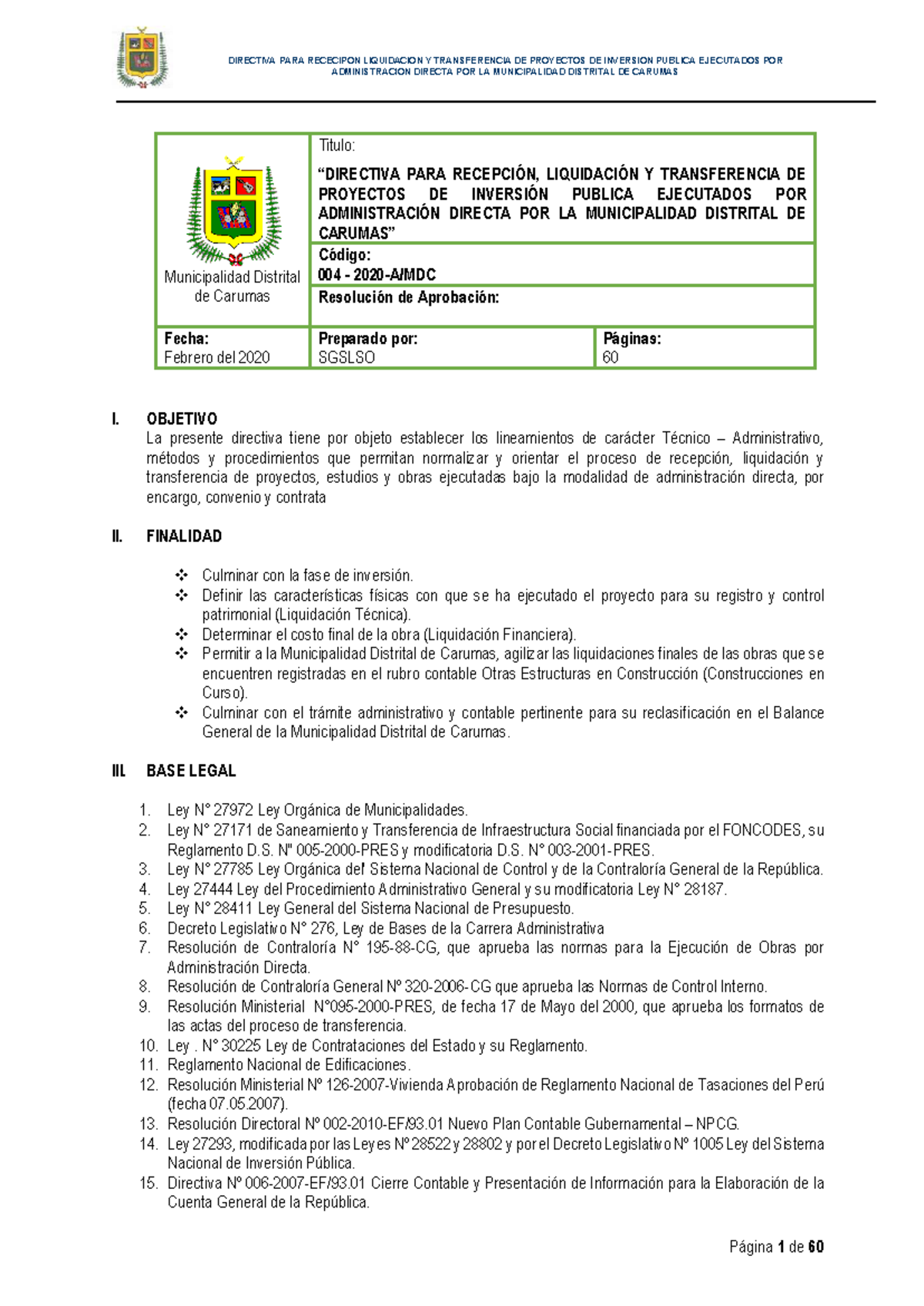 Directiva 004-2020-A/MDC sobre Liquidación y Transferencia de Proyectos Públicos - Document Preview