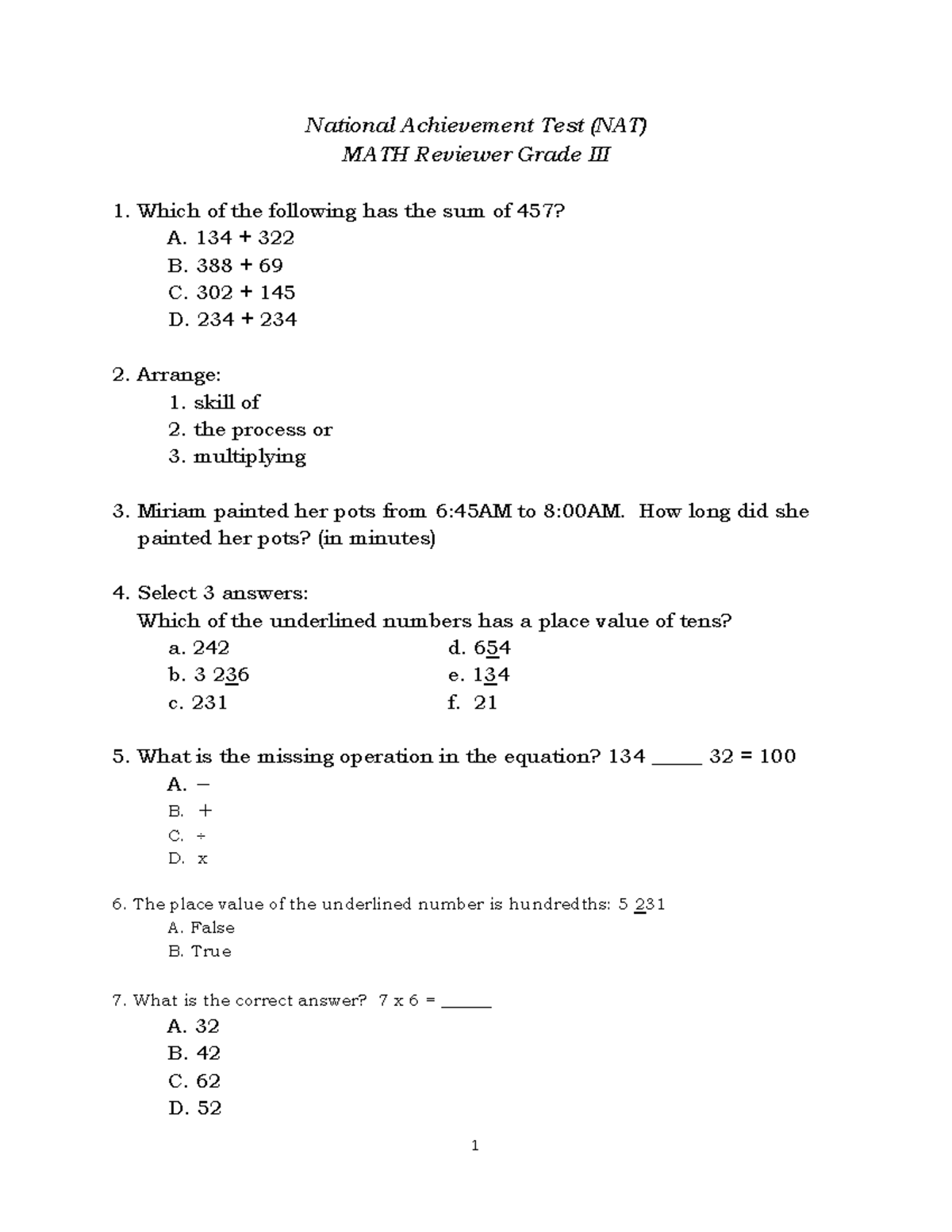 NAT MATH Reviewer for Grade 1: Practice Questions & Answers - Studocu