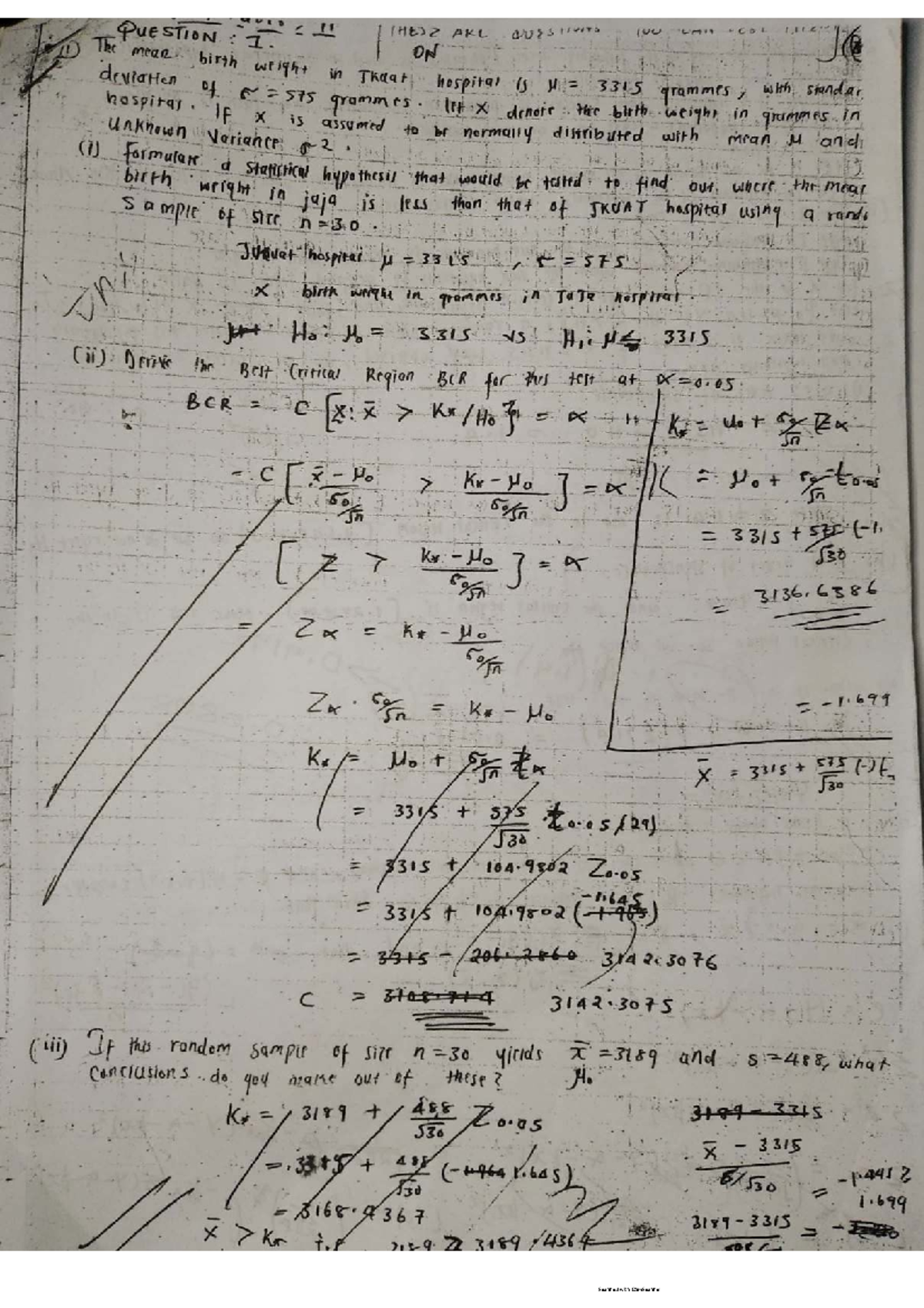 Test of Hypothesis Revision Questions for Statistics Course (STAT 101 ...