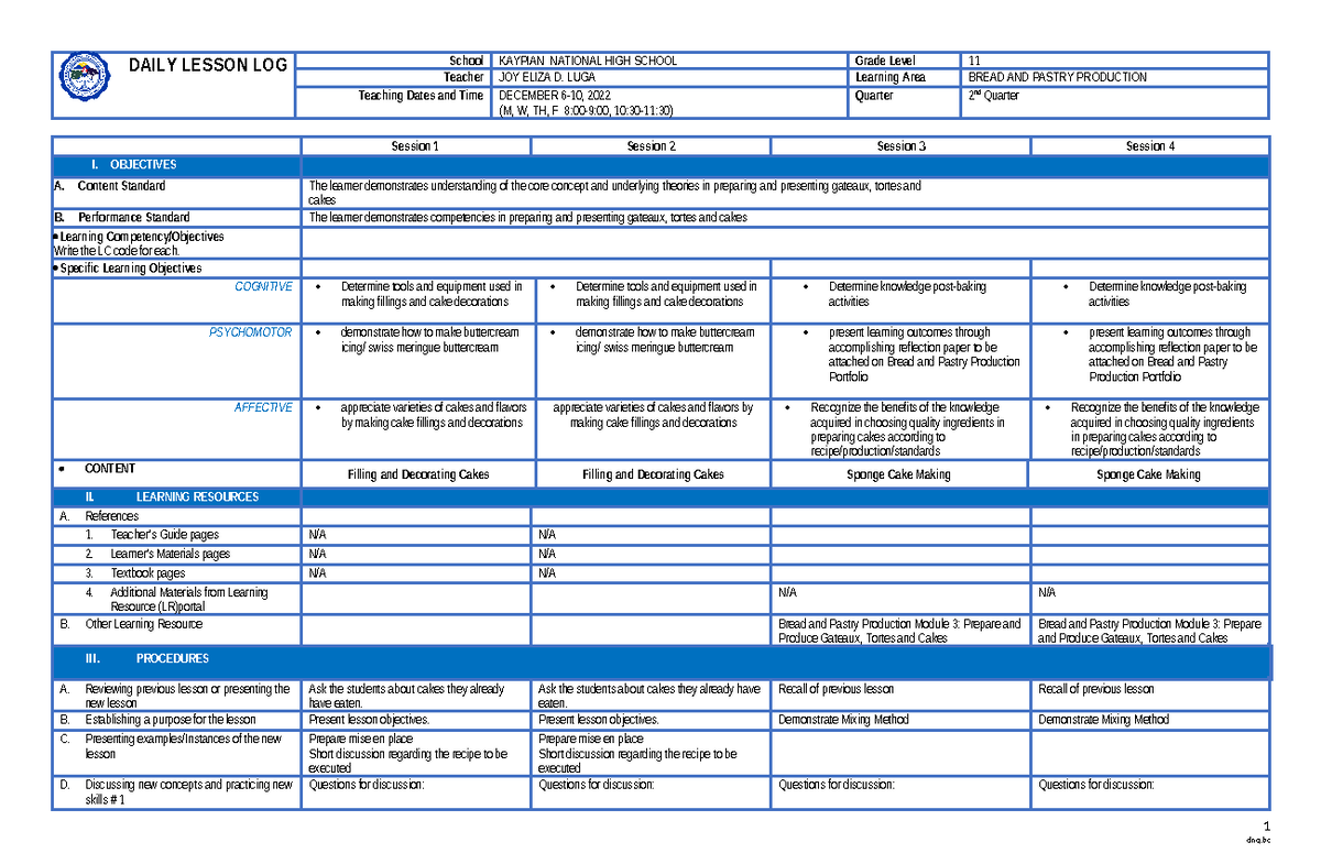 DLL Bread and Pastry Production Q2 W4 2022-2023 by Luga - Studocu