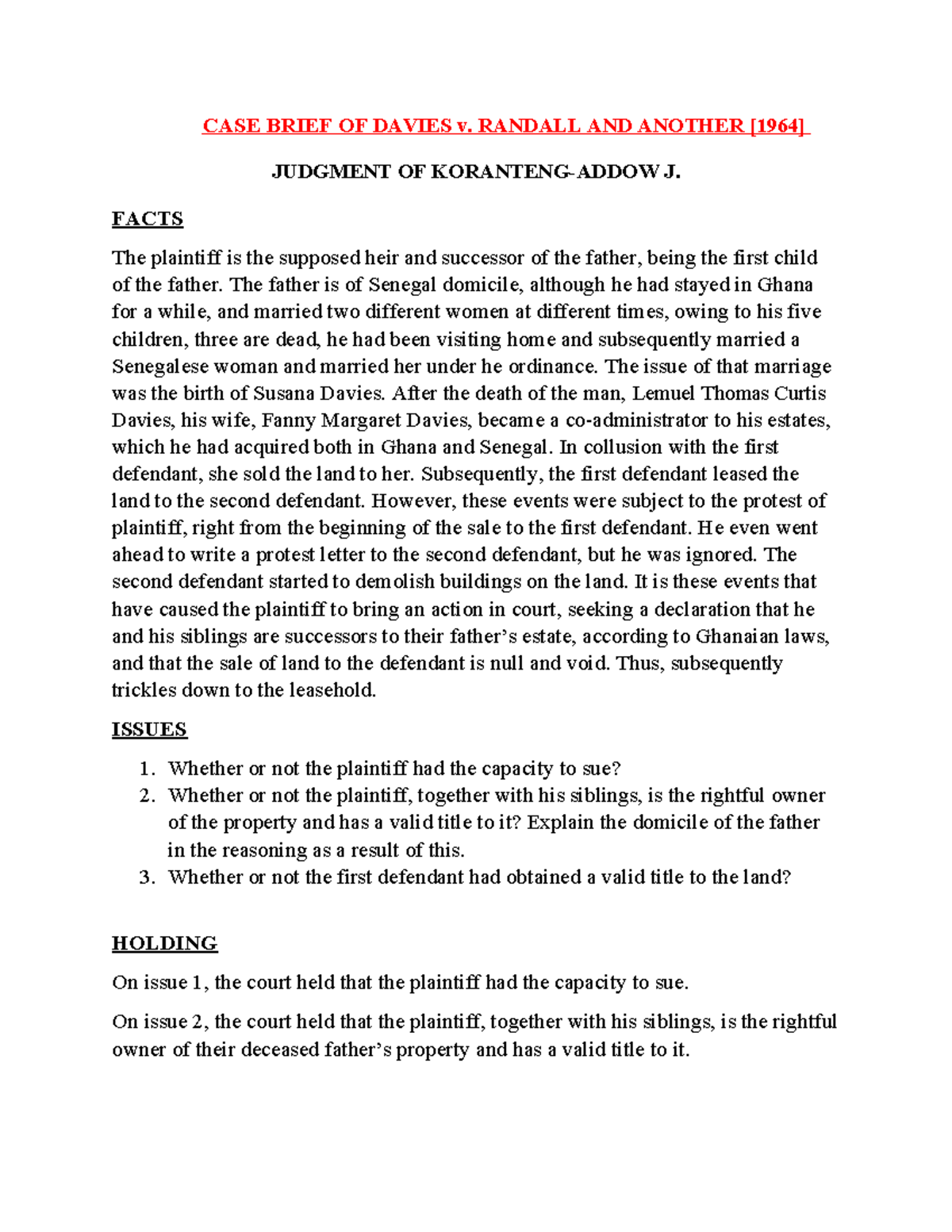 CASE BRIEF: Davies v. Randall - Heirship and Property Rights Analysis ...