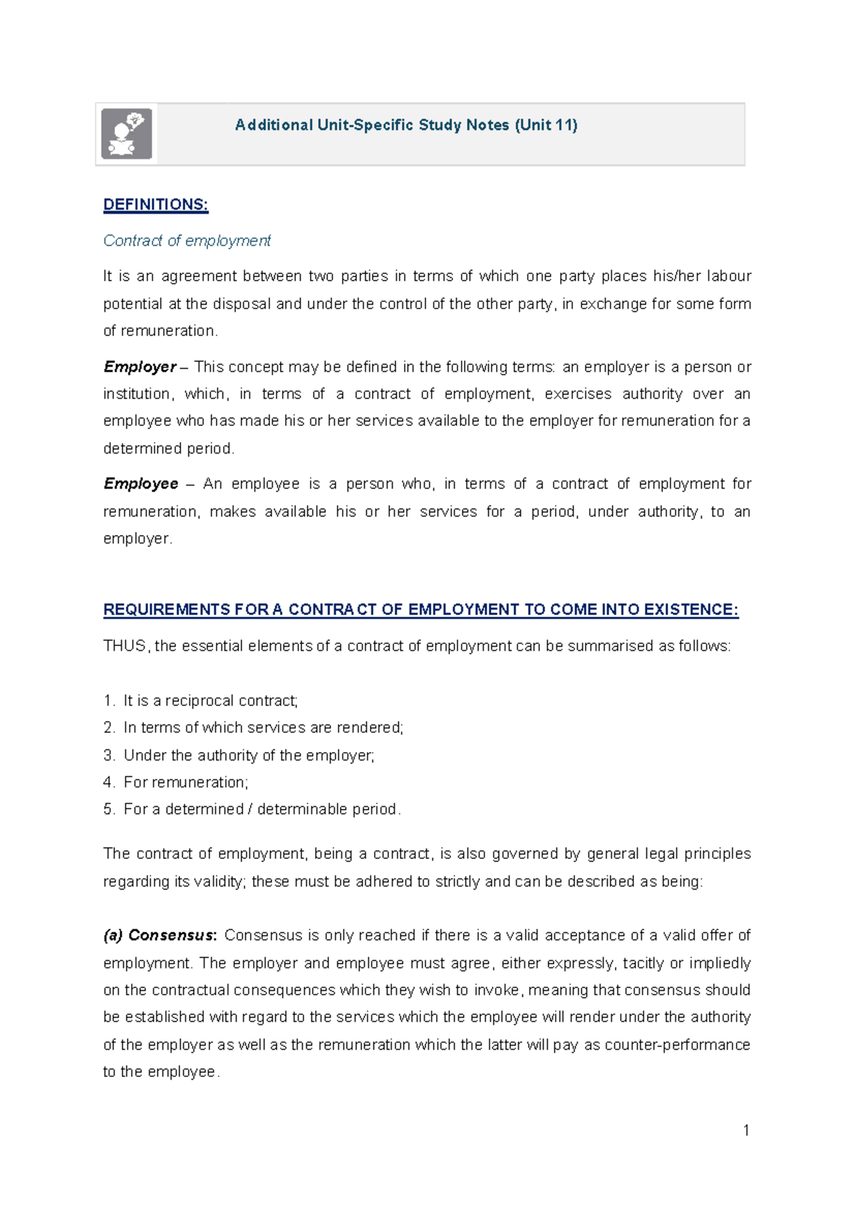 Additional Study Notes on Employment Contracts (Unit 11) - Studocu