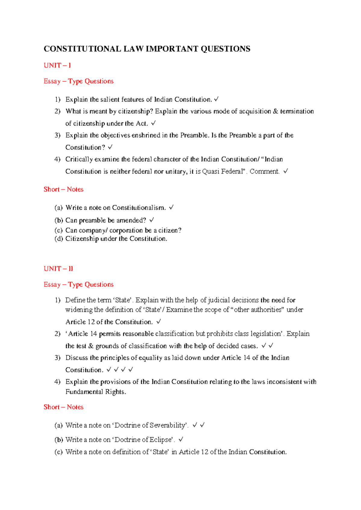Constitution Imp Qs - Final Exam Notes for Law Course (Constitutional ...
