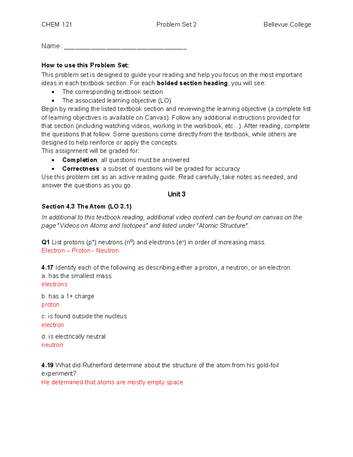 CHEM 121 Problem Set 2: Understanding Atomic Structure and Isotopes ...