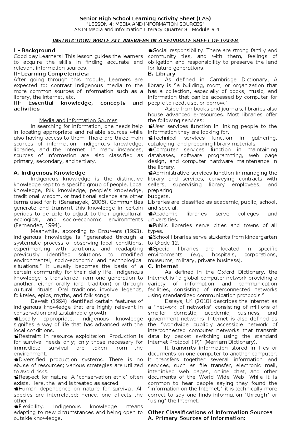 MIL LAS 12 Q3 M4: Media and Information Sources Activity Sheet - Studocu