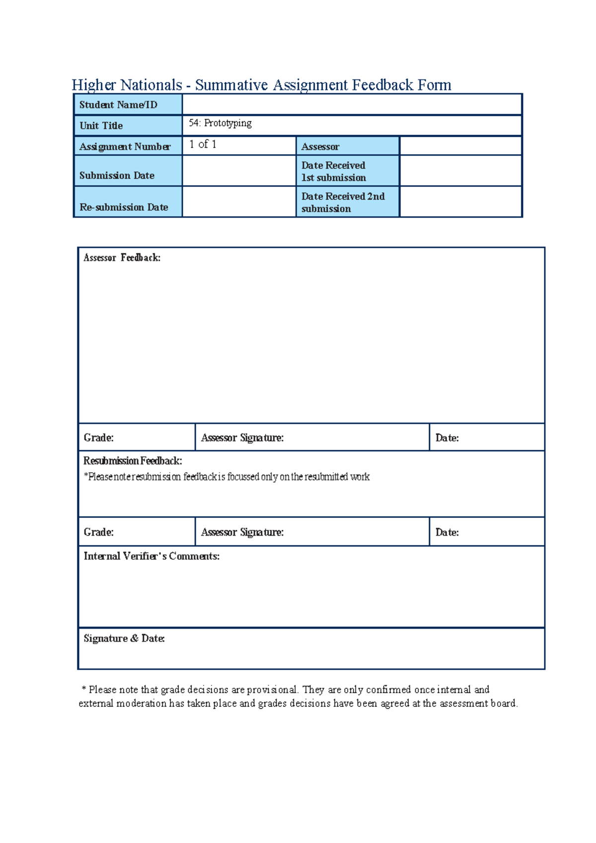 Unit 54: Prototyping Summative Assignment Feedback Form 2024 - Studocu