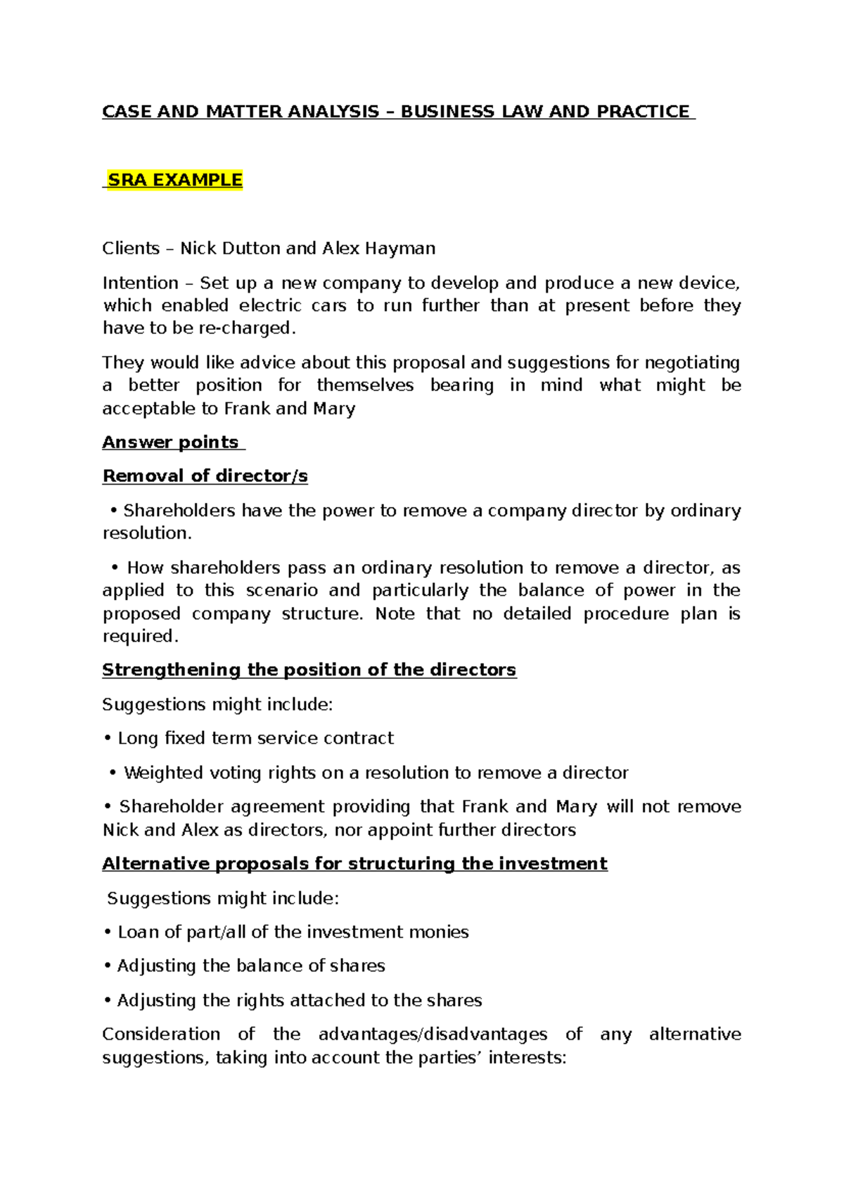 Case and Matter Analysis: Business Law & Practice SRA Example - Studocu