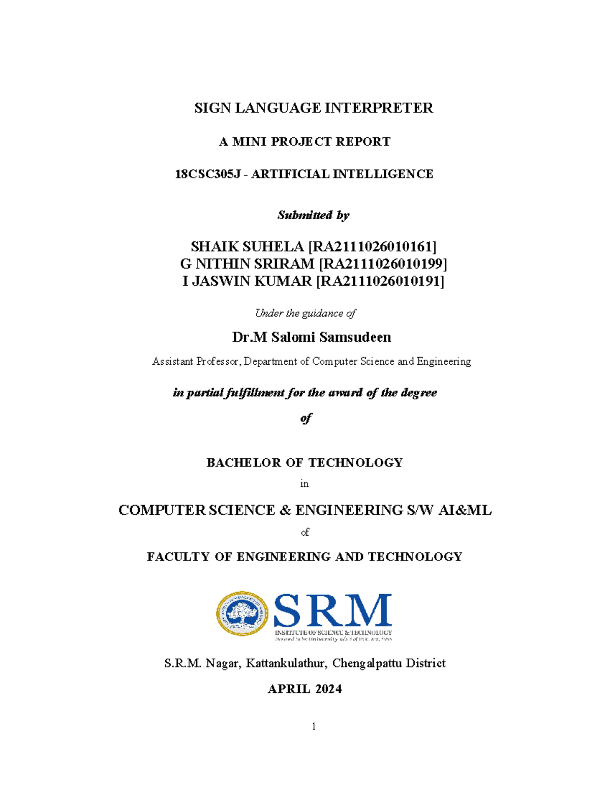 AI Mini Project Report on Sign Language Interpreter (18CSC305J) - Studocu