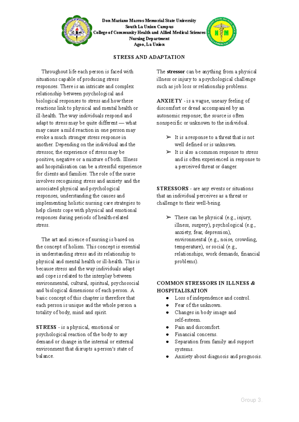 Stress and Adaptation: Insights for Nursing Practice (NURS 101) - Studocu