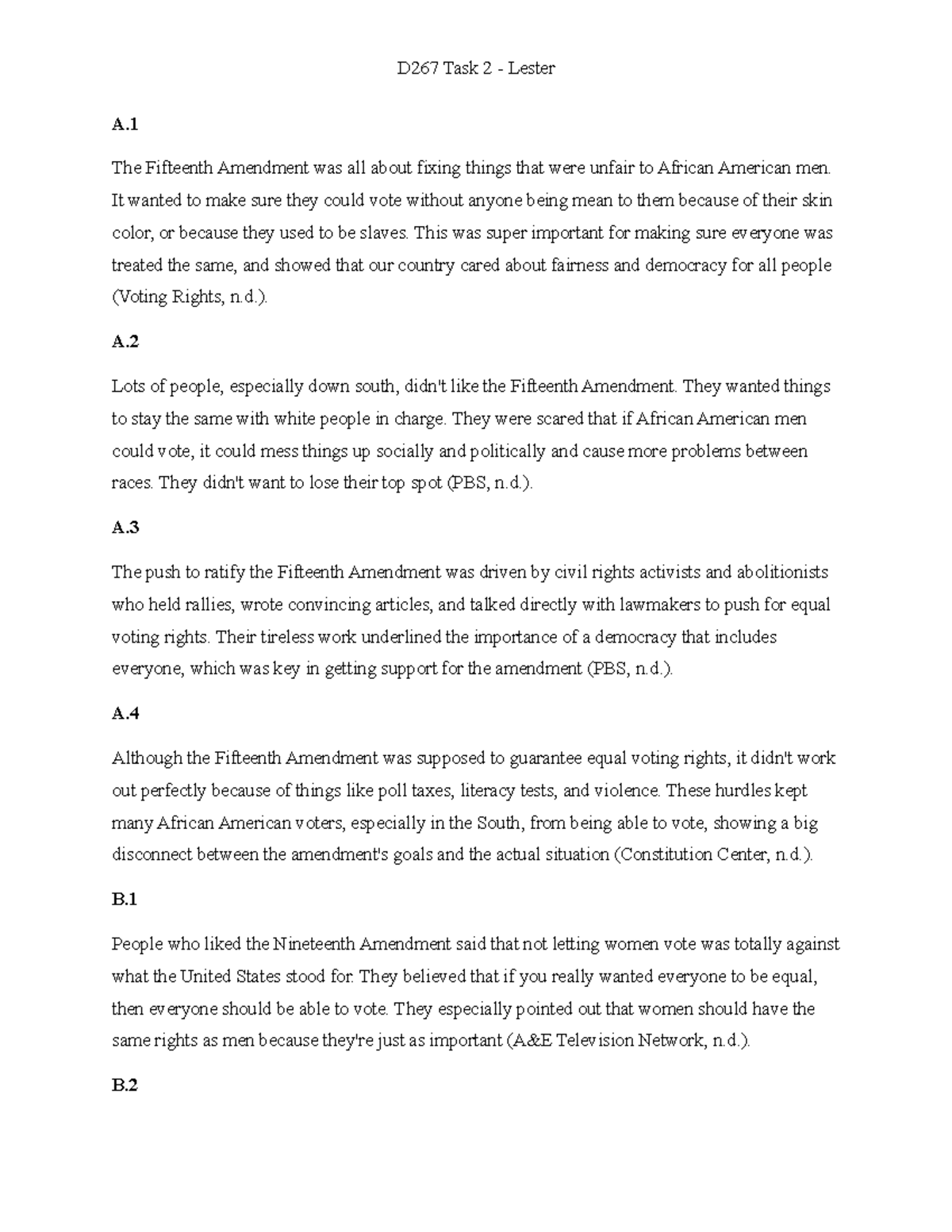 D267 - Task 2 - Assignment on Voting Rights Amendments - Studocu