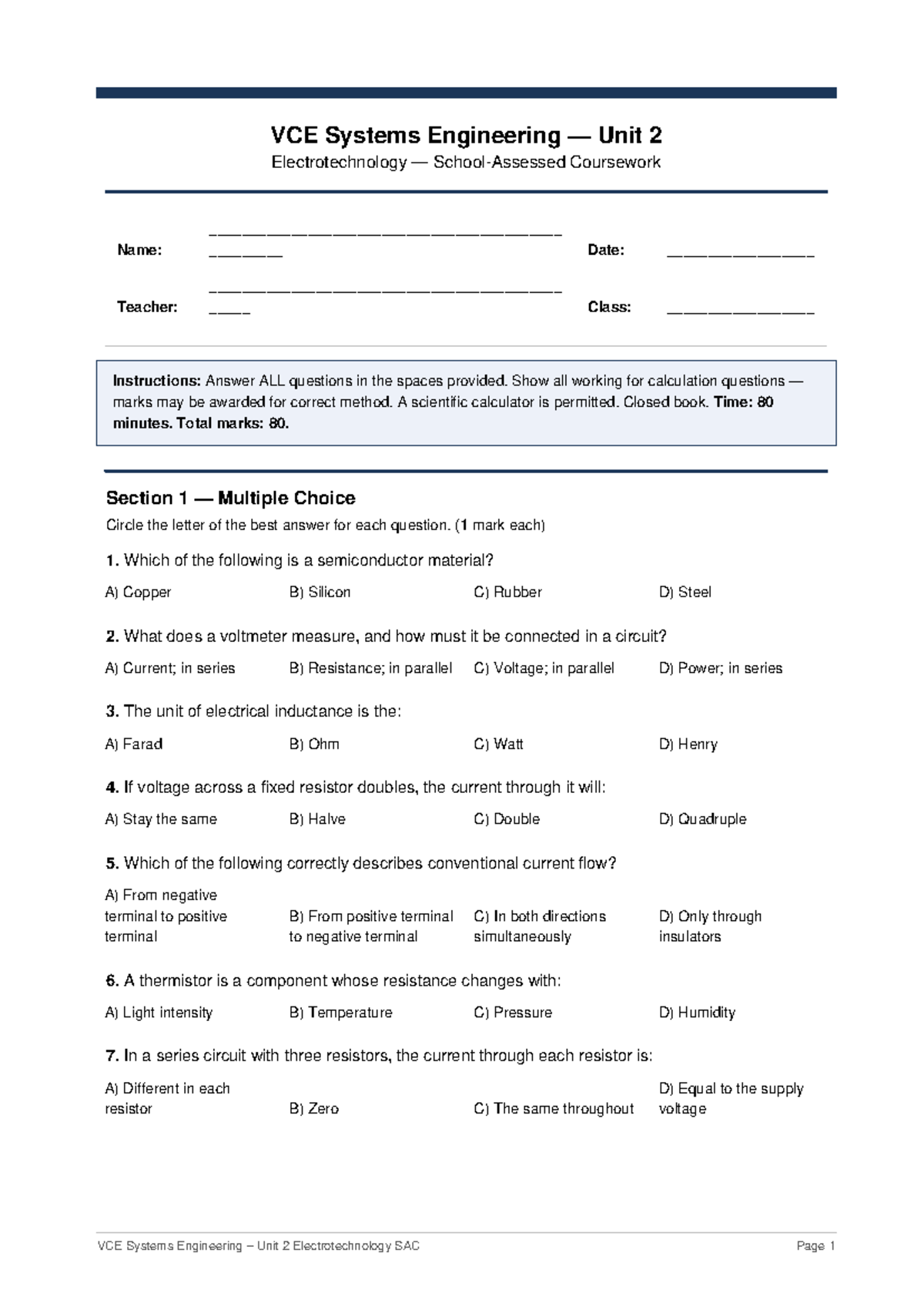 VCE Systems Engineering Unit 2 Electrotechnology SAC Exam Guide - Studocu