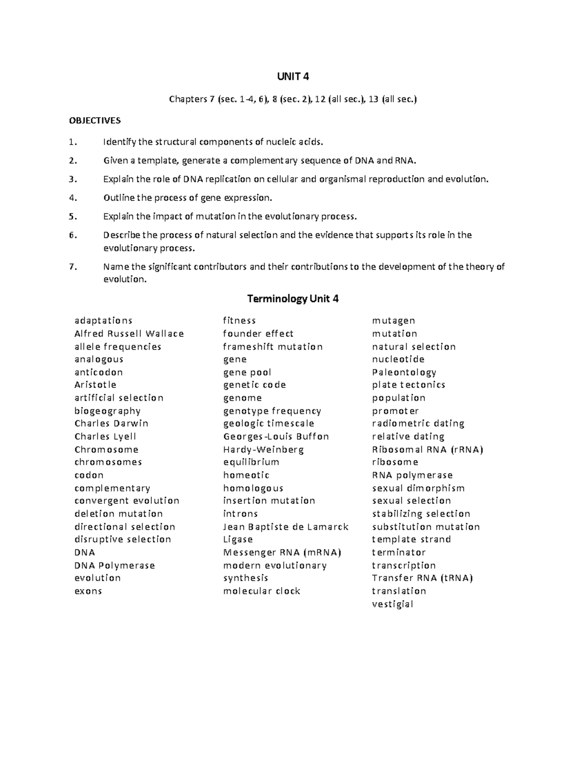 Unit 4: Evolution, DNA Structure & Gene Expression Objectives - Studocu