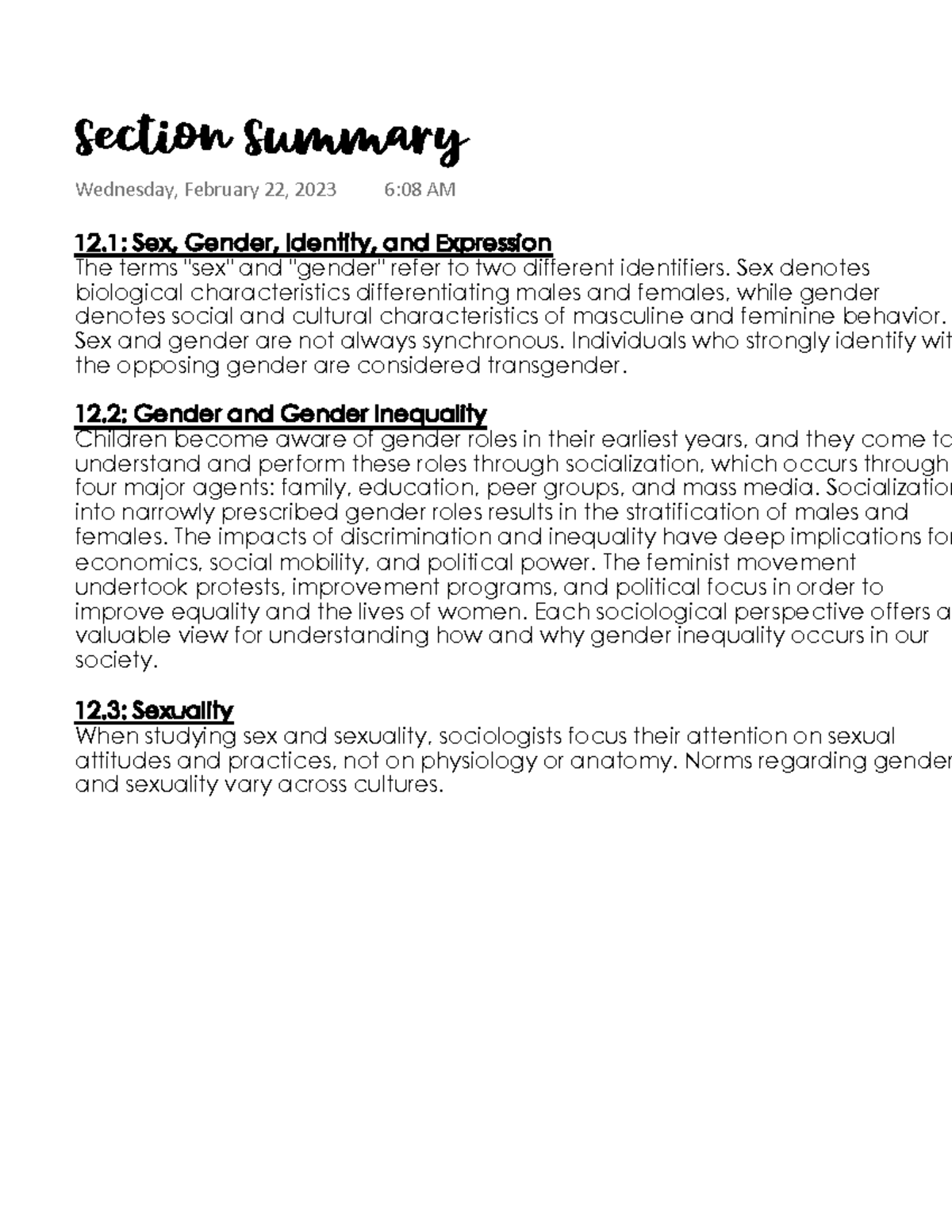Section Summary- Gender and Sexuality - 1 : Sex, Gender, Identity, and ...